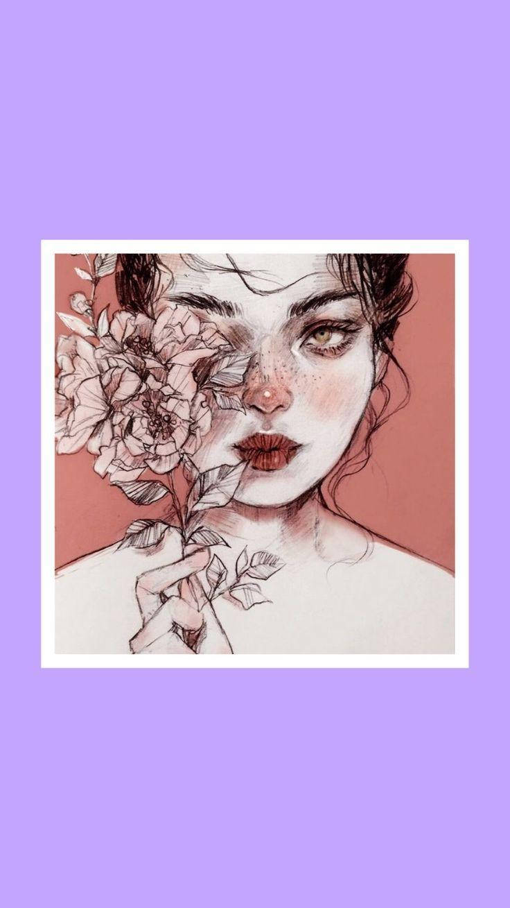 Aesthetic Tumblr Girl, pink flower, dark hair, HD Phone Wallpaper