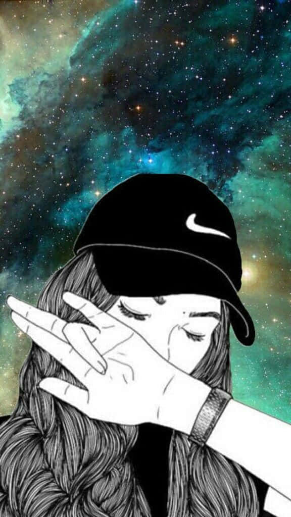 black-and-white illustrated girl, cap, vibrant teal and green starry nebula background, SD Phone Wallpaper