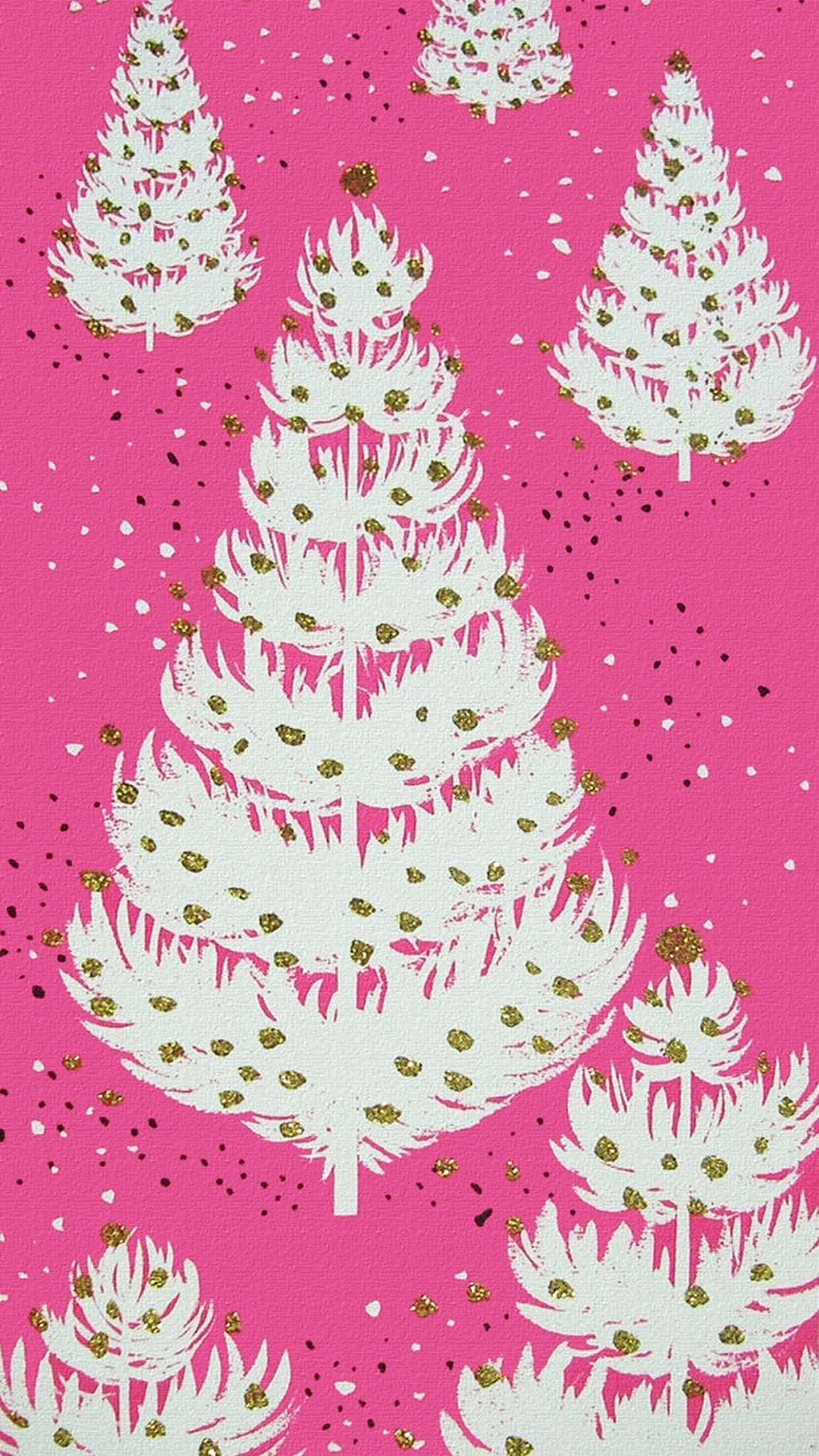 girly xmas, white stylized pine trees, gold glitter ornaments, Full HD Phone Wallpaper