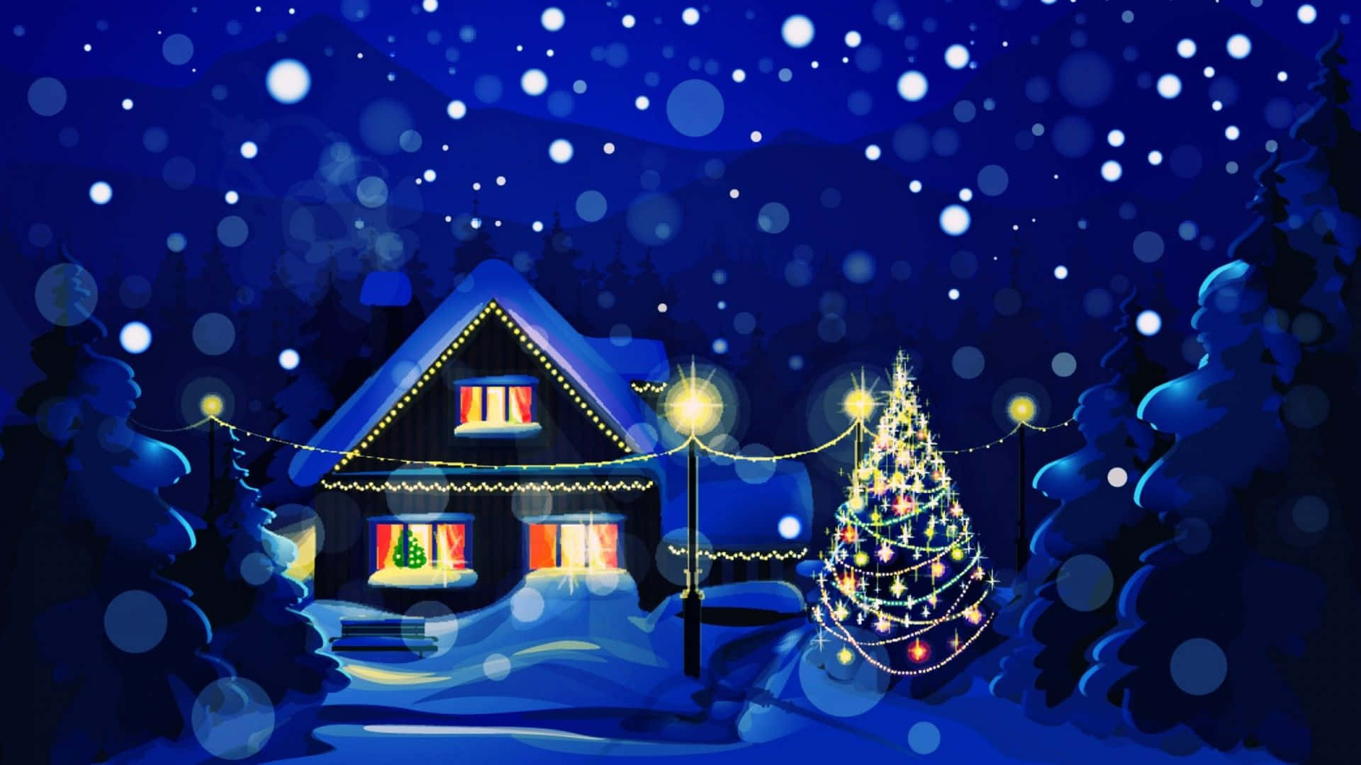 girly Xmas, snow-covered cabin, starry night sky, Full HD Desktop Wallpaper