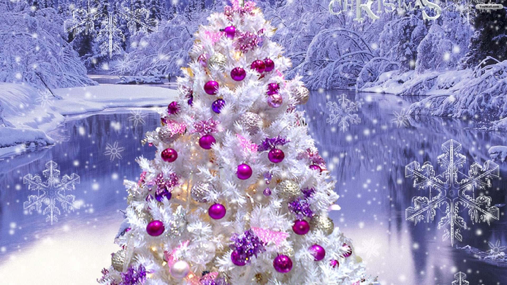 Girly Xmas, white Christmas tree, purple ornaments, Full HD Desktop Wallpaper