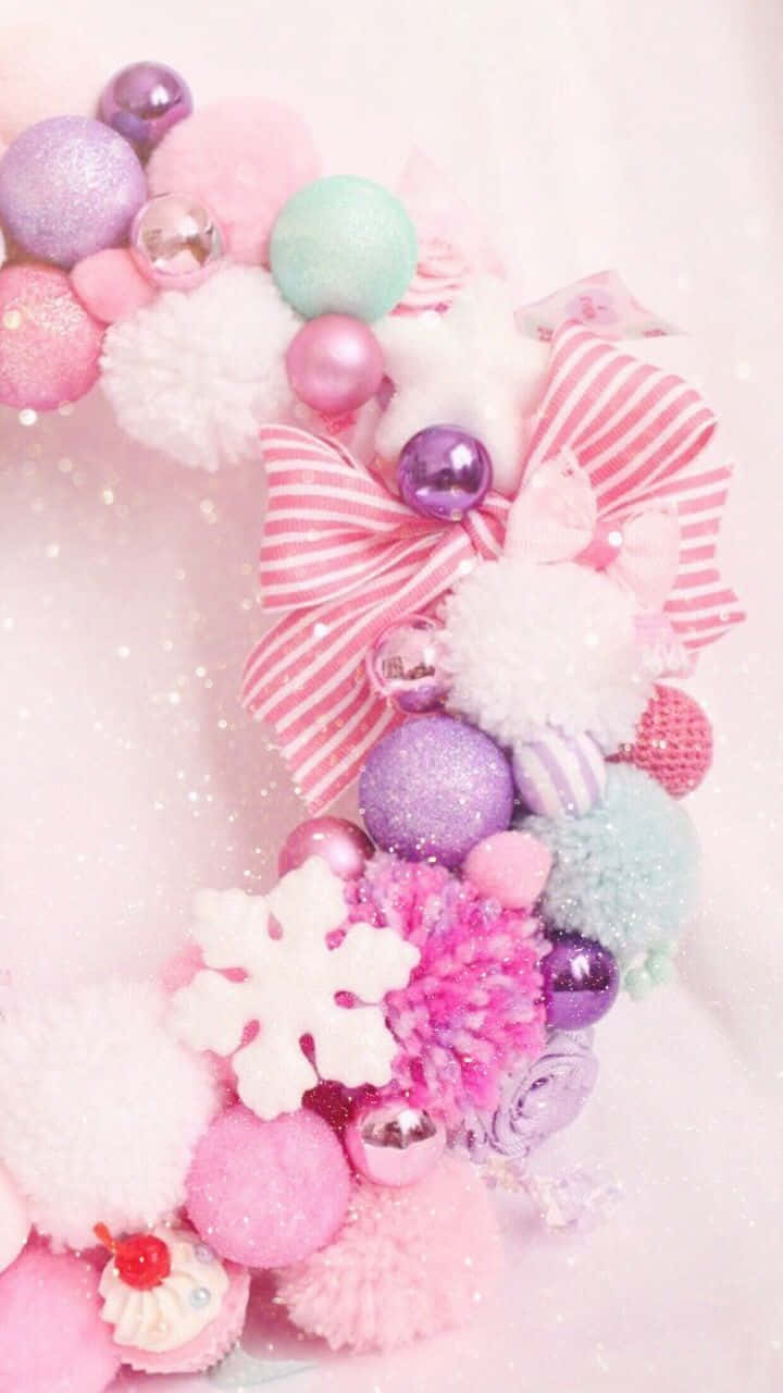 Girly Xmas, pastel wreath, fluffy pom poms, HD Phone Wallpaper