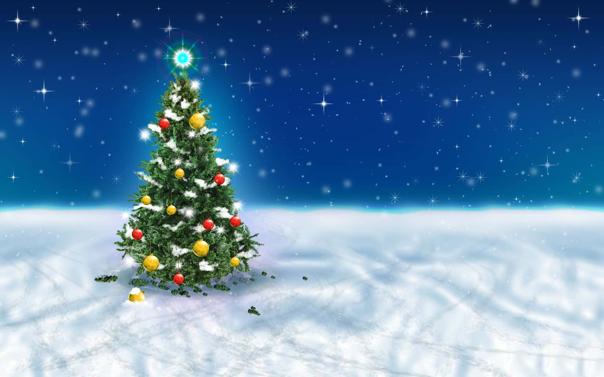 Girly Xmas, snow-covered Christmas tree, red and gold ornaments, Full HD Desktop Wallpaper