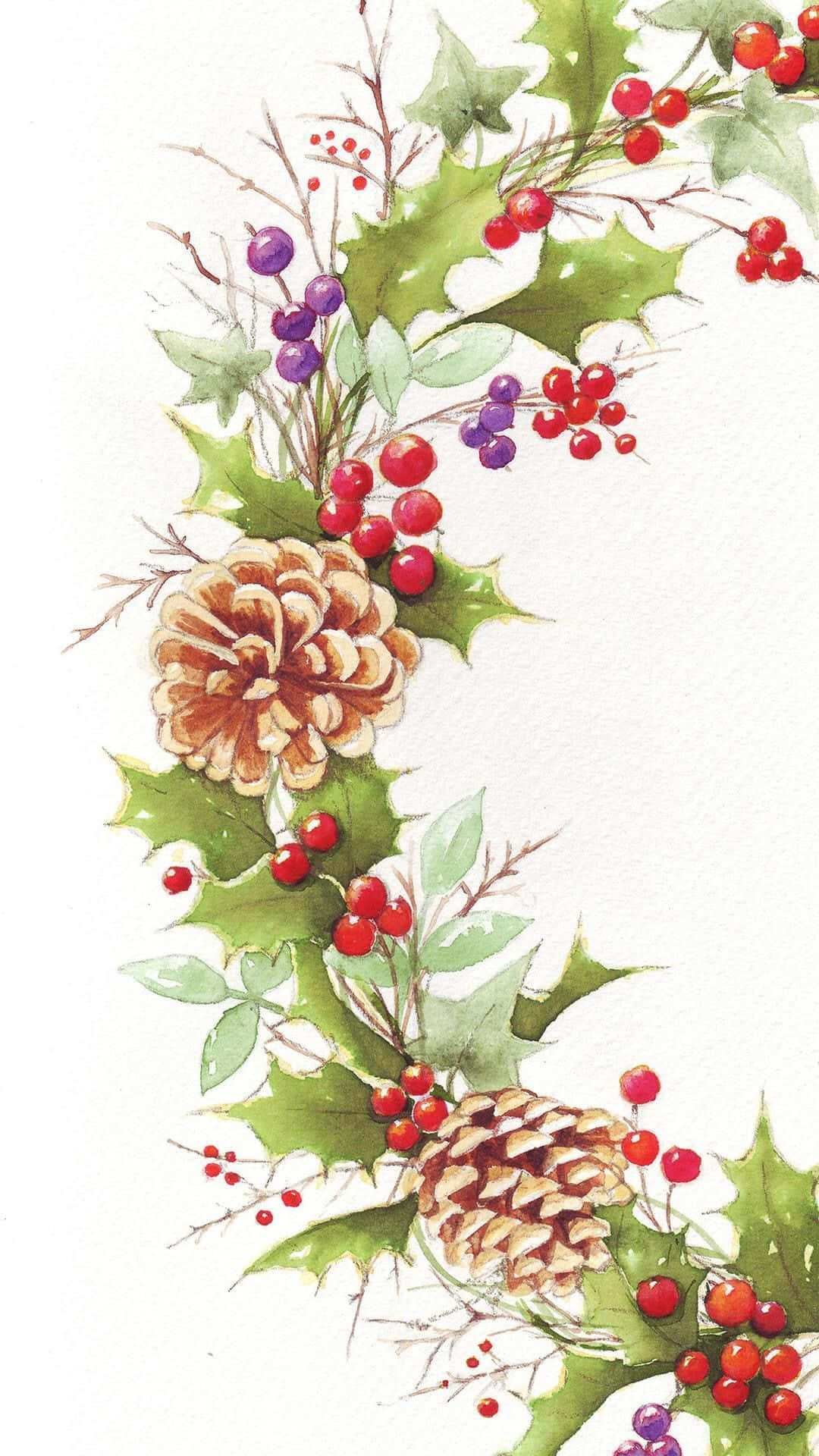 girly xmas, watercolor illustration, holly berries, Full HD Phone Wallpaper