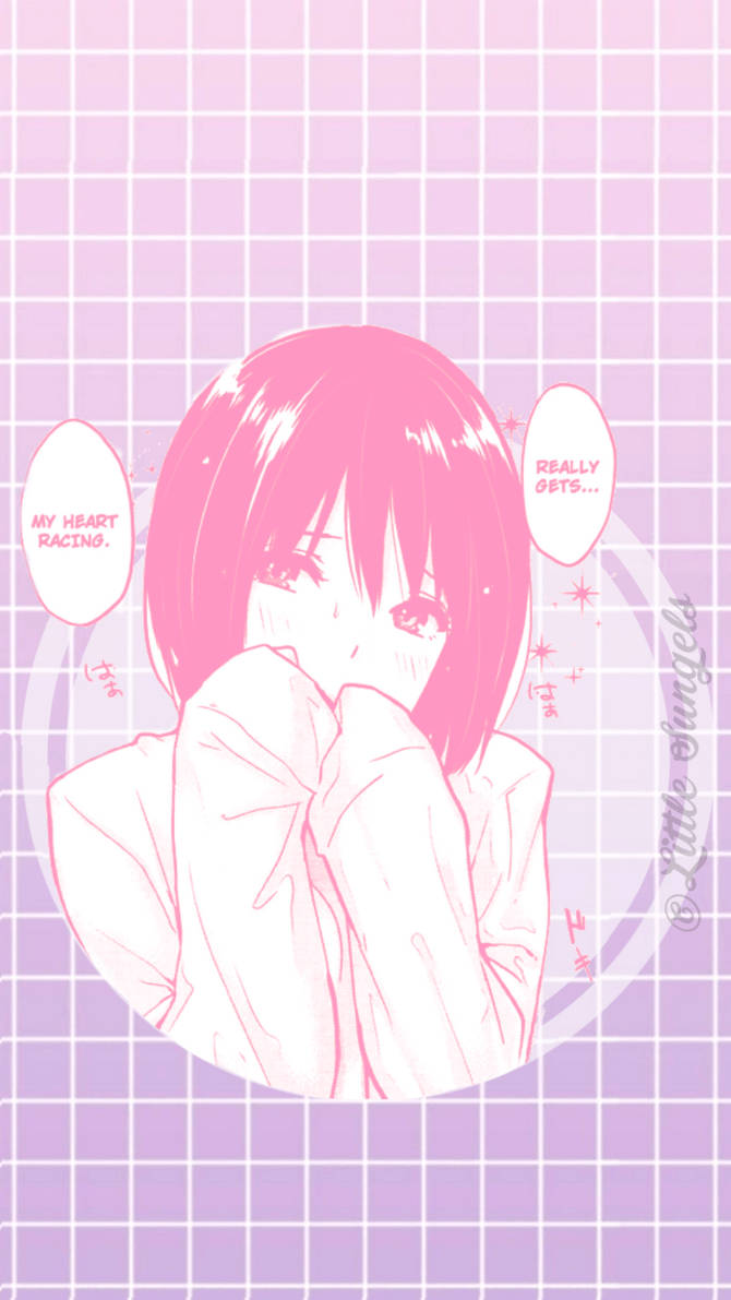 pink-haired anime girl, flushed cheeks, speech bubbles: 'MY HEART RACING', 'REALLY GETS...', SD Phone Wallpaper