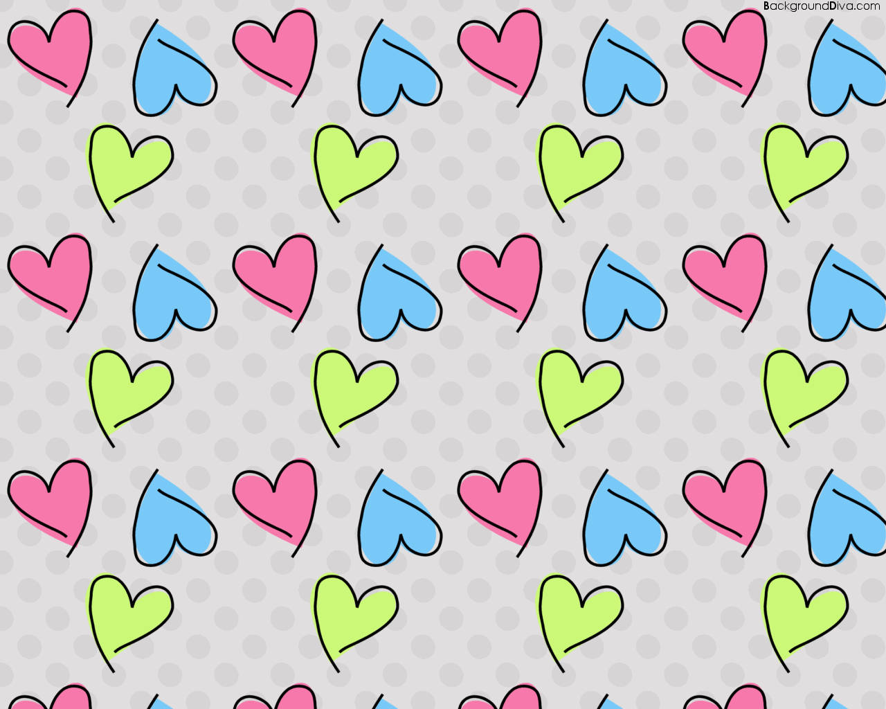 girly heart scribble pattern, vibrant pink blue and green hearts, black outlines, HD Desktop Wallpaper