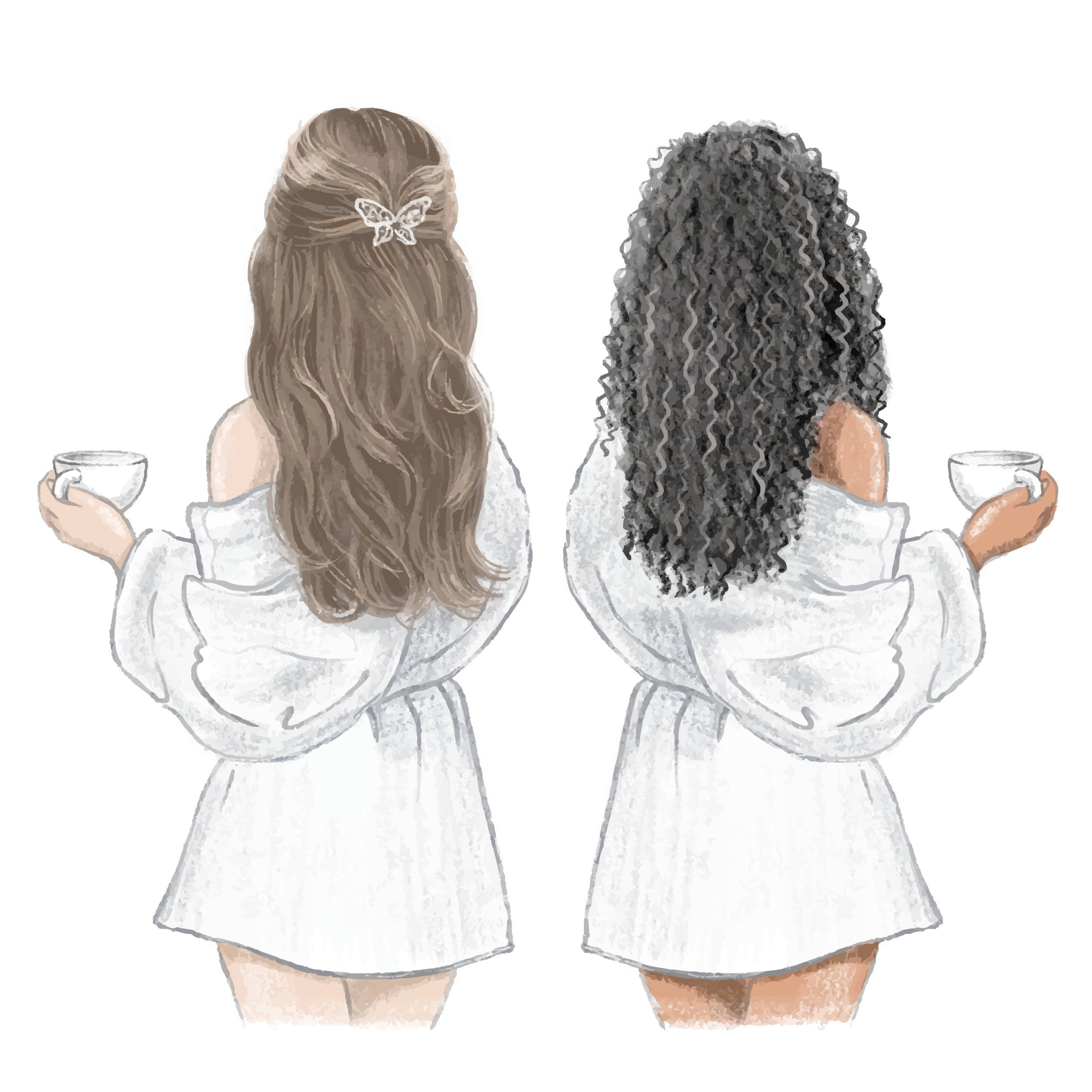 girly bff holding cups, white robes, cups, Full HD Desktop Wallpaper