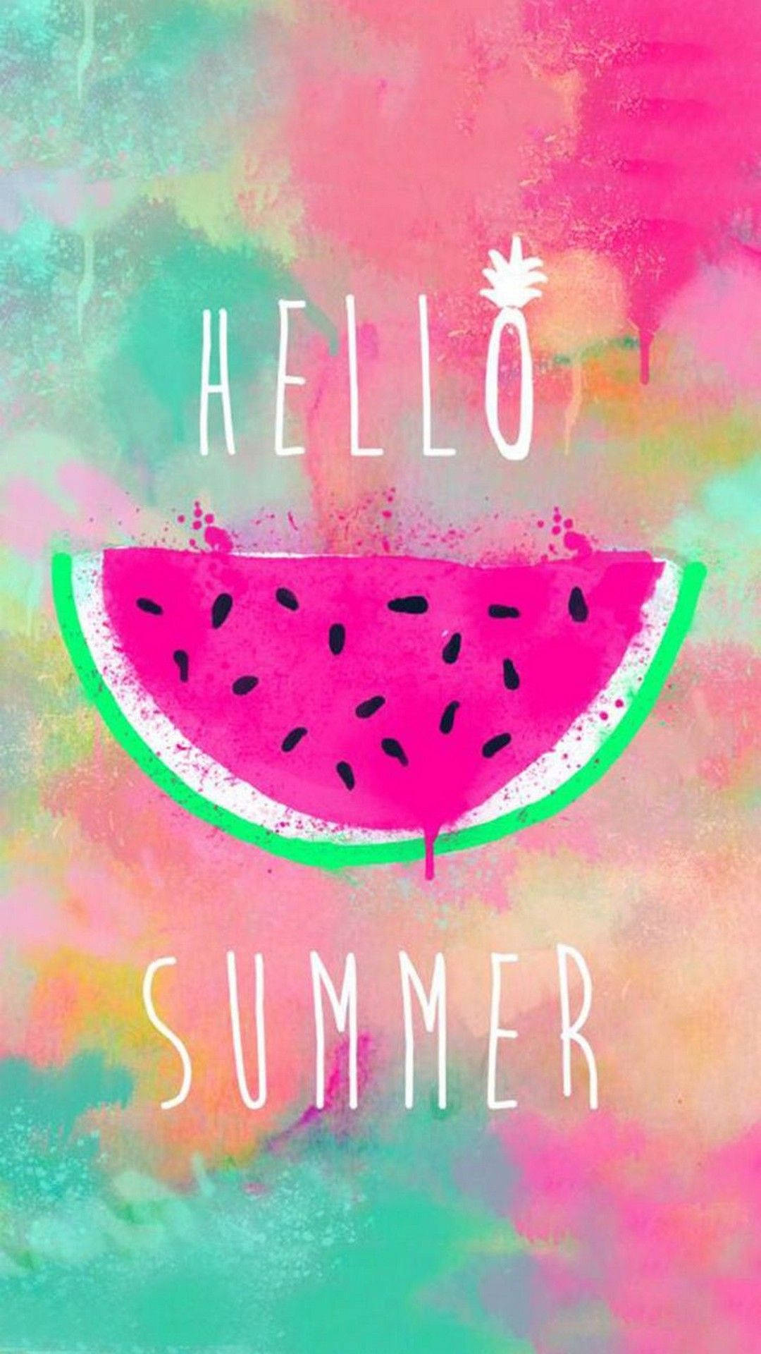 Hello Summer, watercolor splash background, bold pink watermelon slice, Full HD Phone Wallpaper