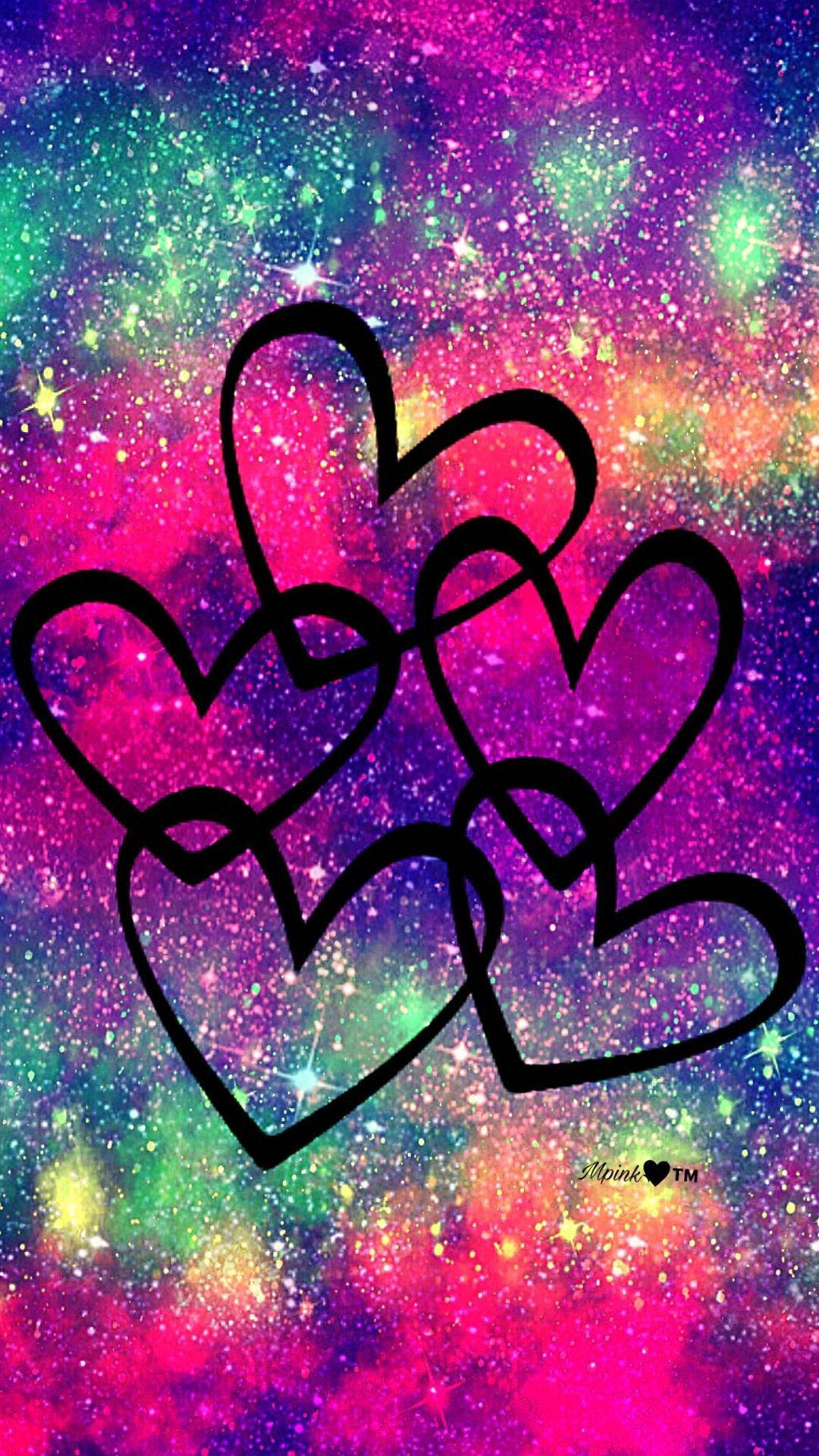 heart, glittering cosmic background, neon pink green and purple stars, Full HD Phone Wallpaper