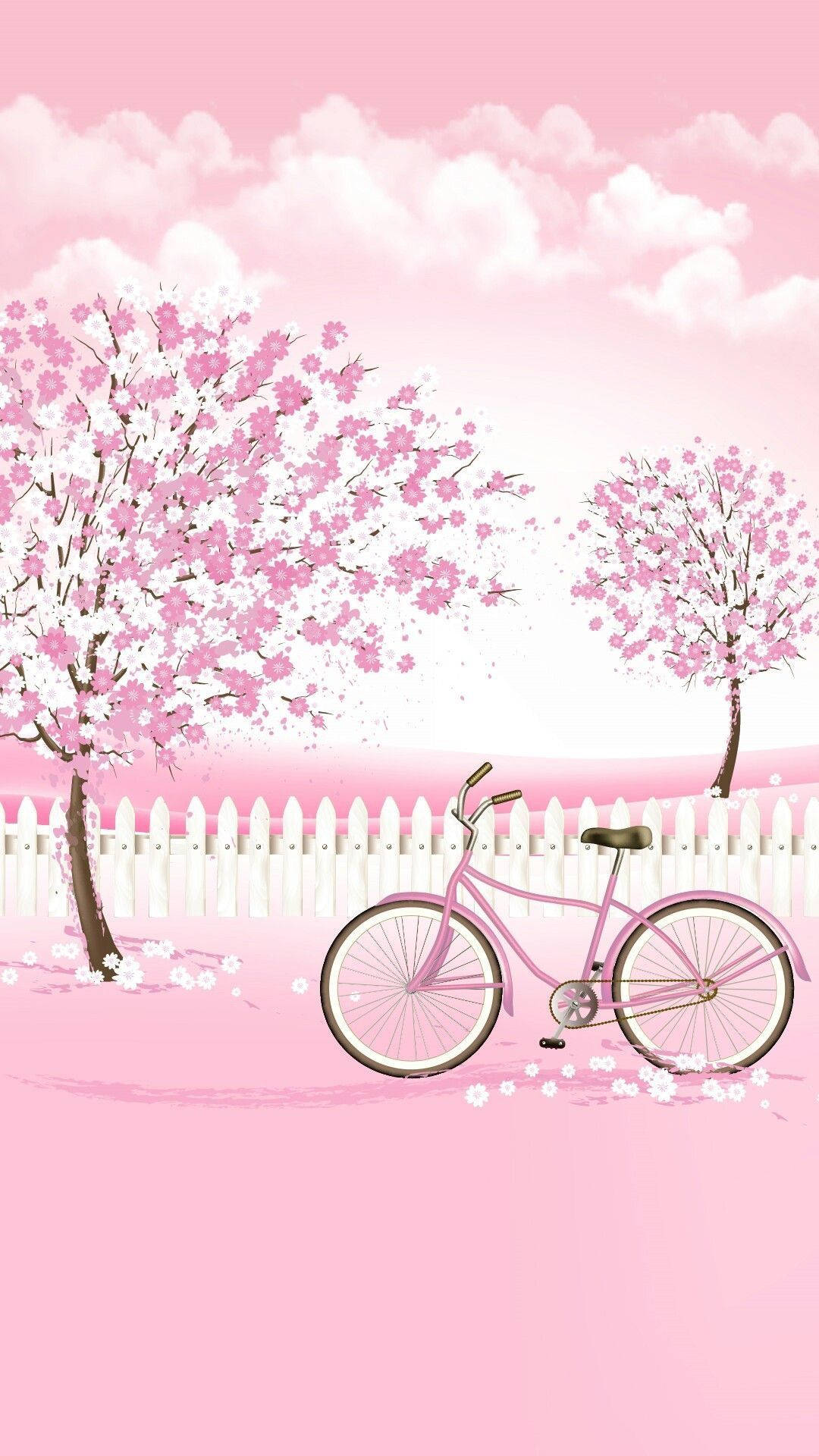 pink bicycle, white picket fence, blooming cherry trees, Full HD Phone Wallpaper