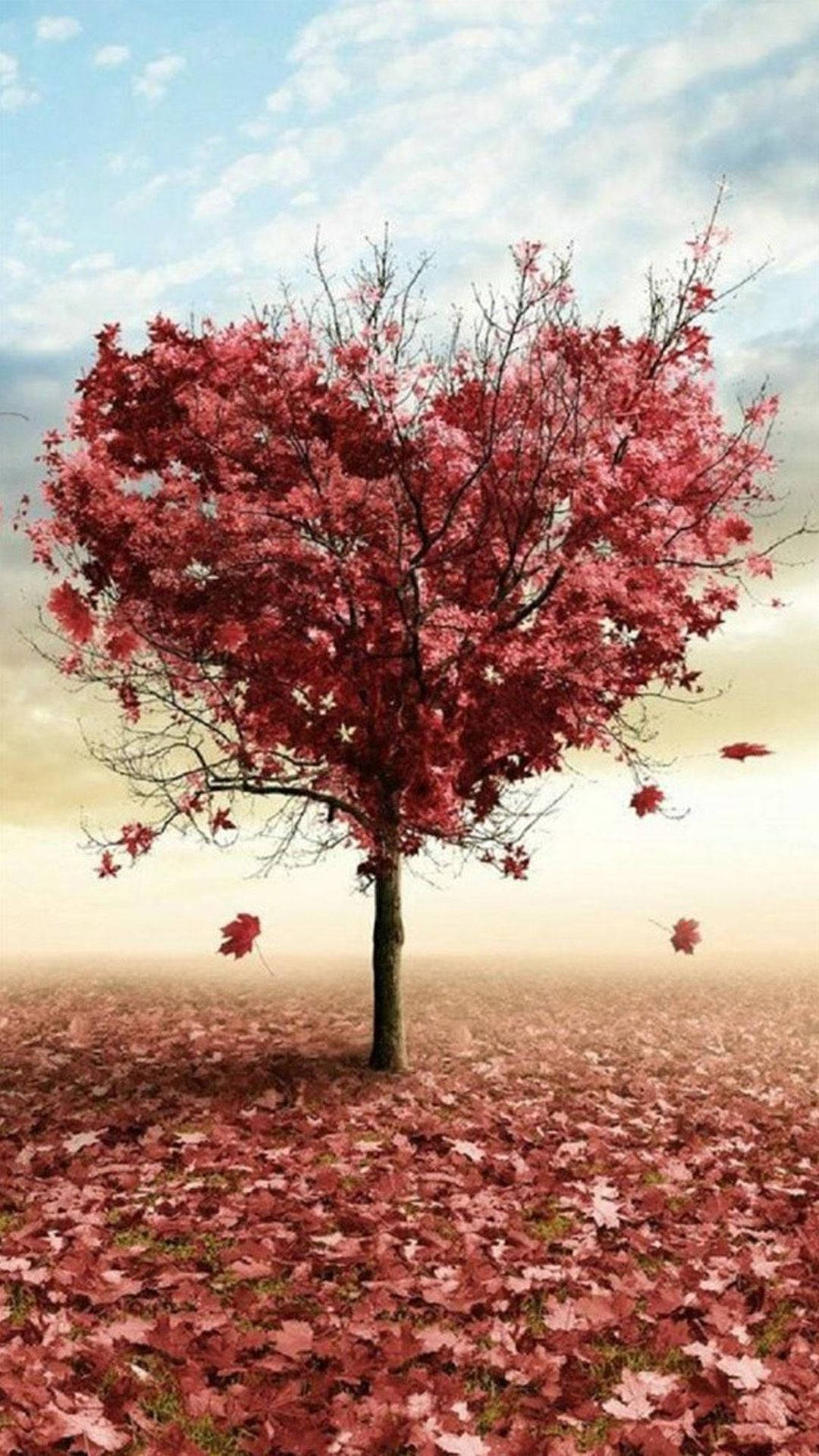girly heart tree, autumn, heart-shaped red leaves, Full HD Phone Wallpaper