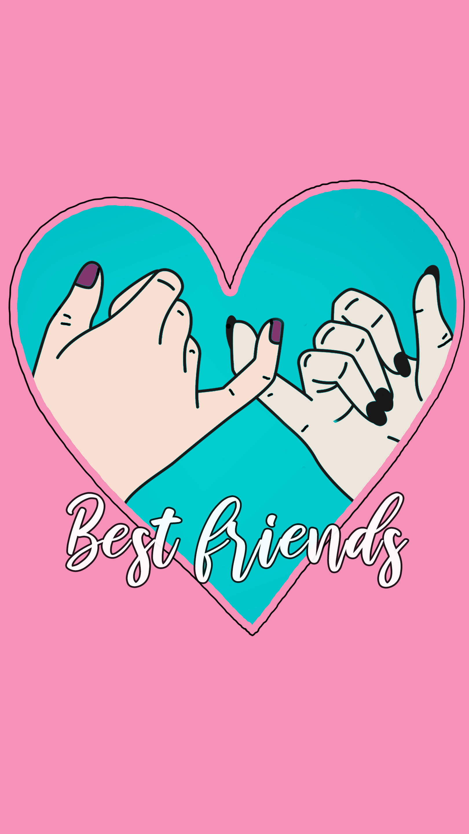 Girly BFF Pinky Promise In Heart, turquoise heart, pink background, 2K Phone Wallpaper
