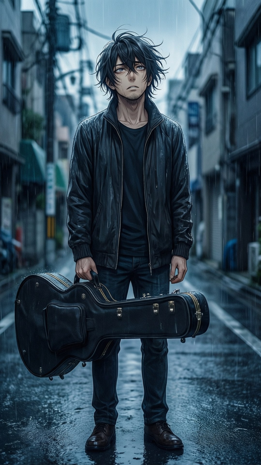 melancholy in the rain, young man, messy black hair, Full HD Phone Wallpaper
