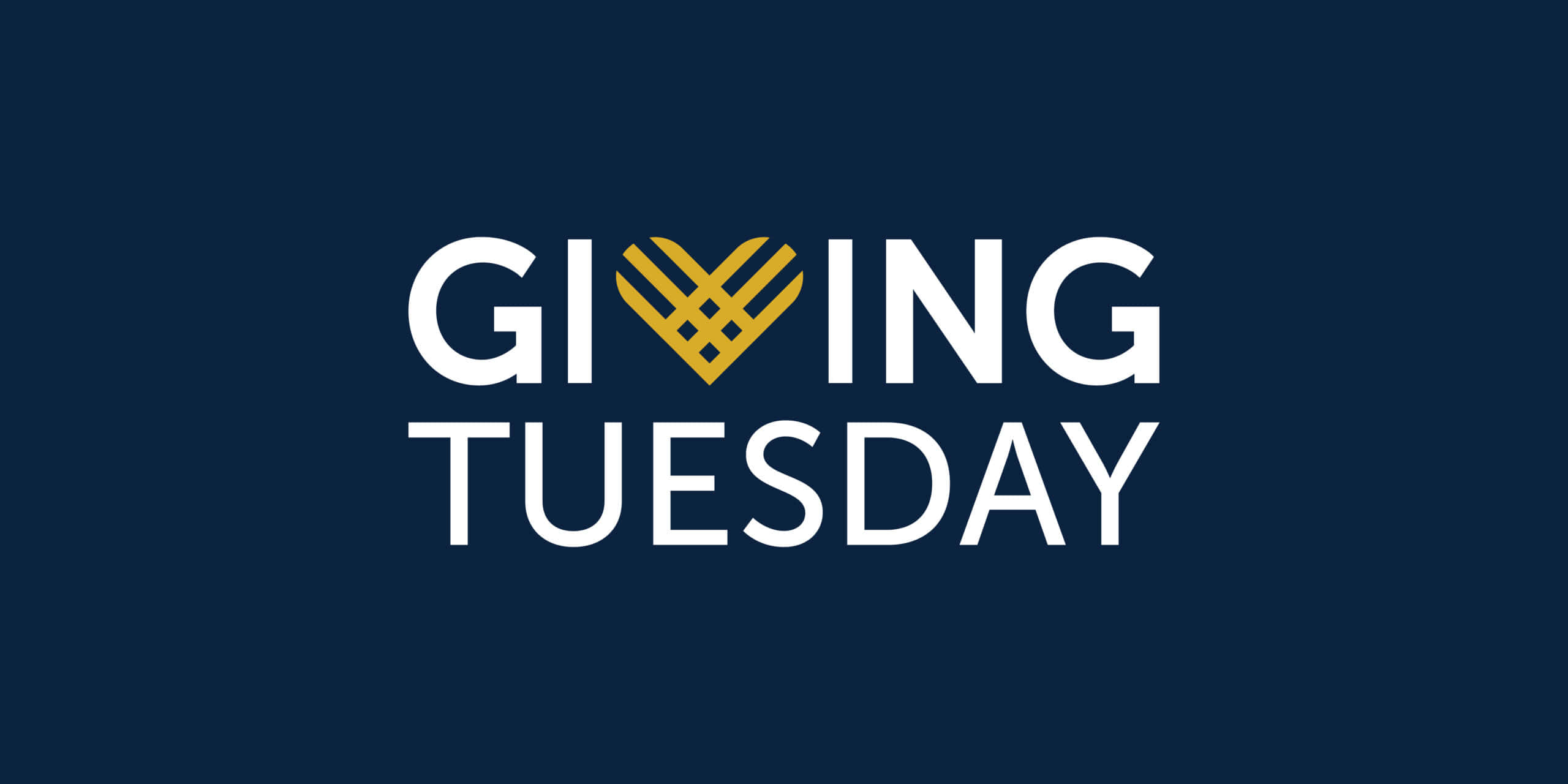 Giving Tuesday, white text, gold woven heart, 2K Desktop Wallpaper
