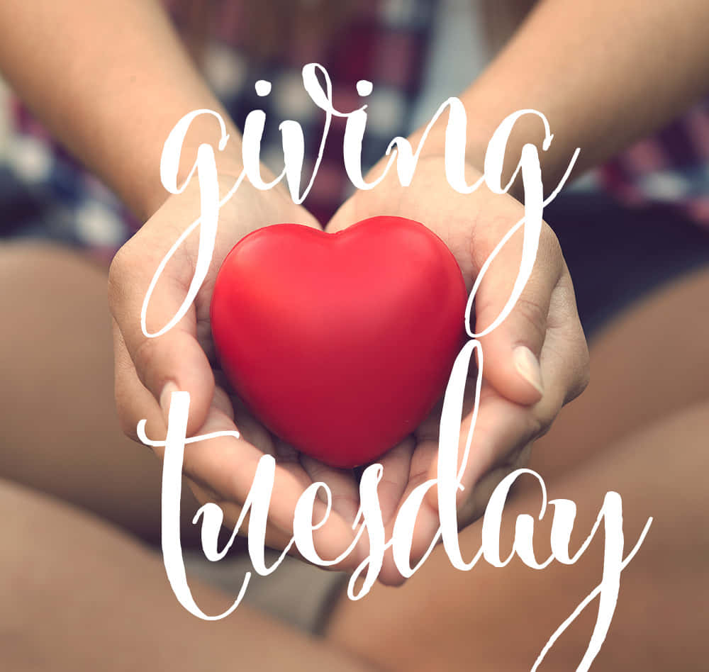 giving tuesday, vibrant red heart-shaped object, white cursive text, SD Desktop Wallpaper