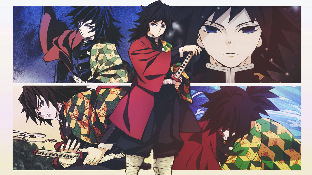 Giyu Tomioka, red and green patterned haori, swords, HD Desktop Wallpaper