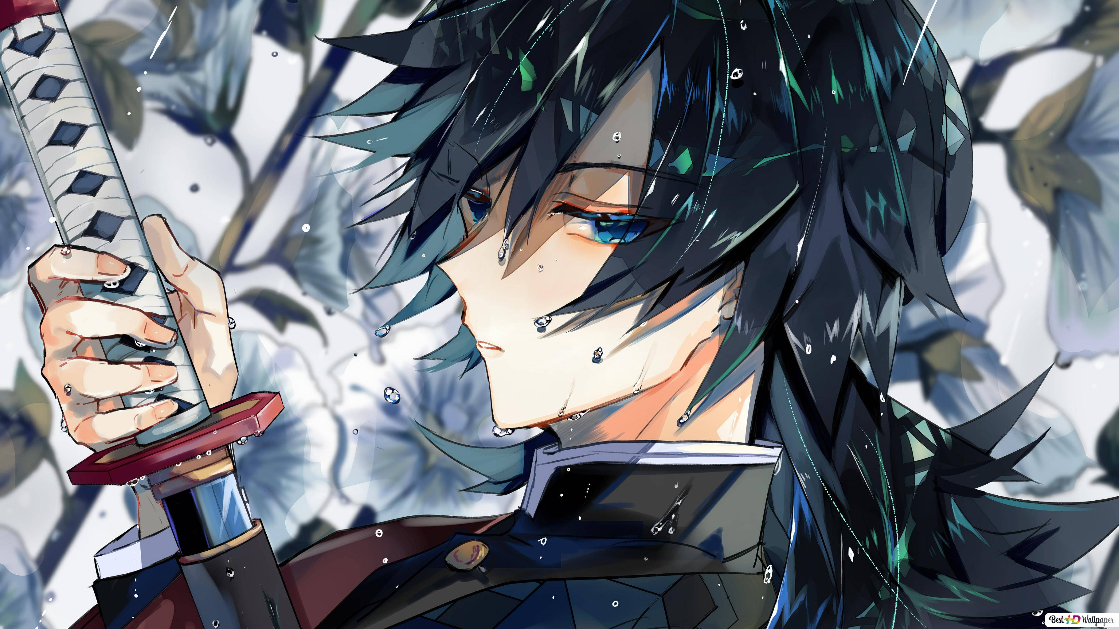 Giyu Tomioka, blue eyes, katana, 2K Desktop Wallpaper