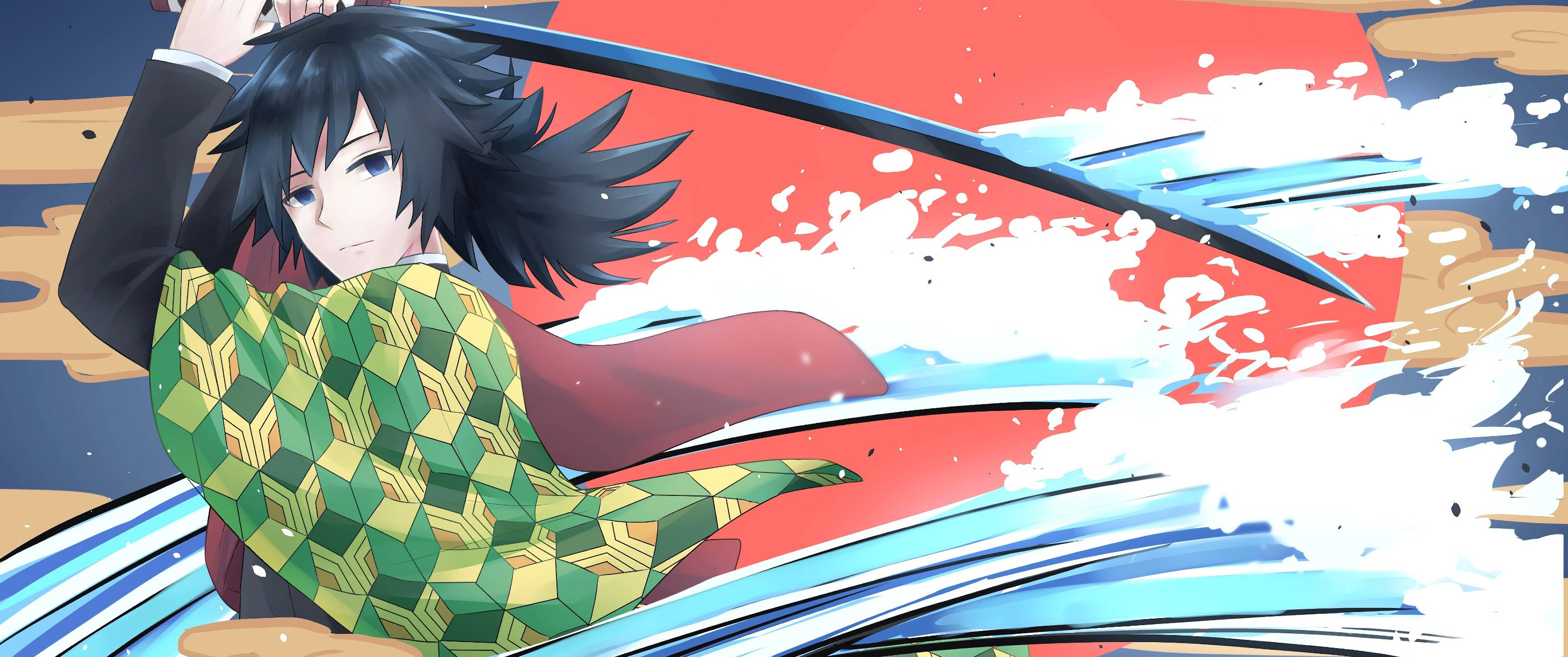 Giyu Tomioka, black hair, green patterned kimono, 2K Desktop Wallpaper