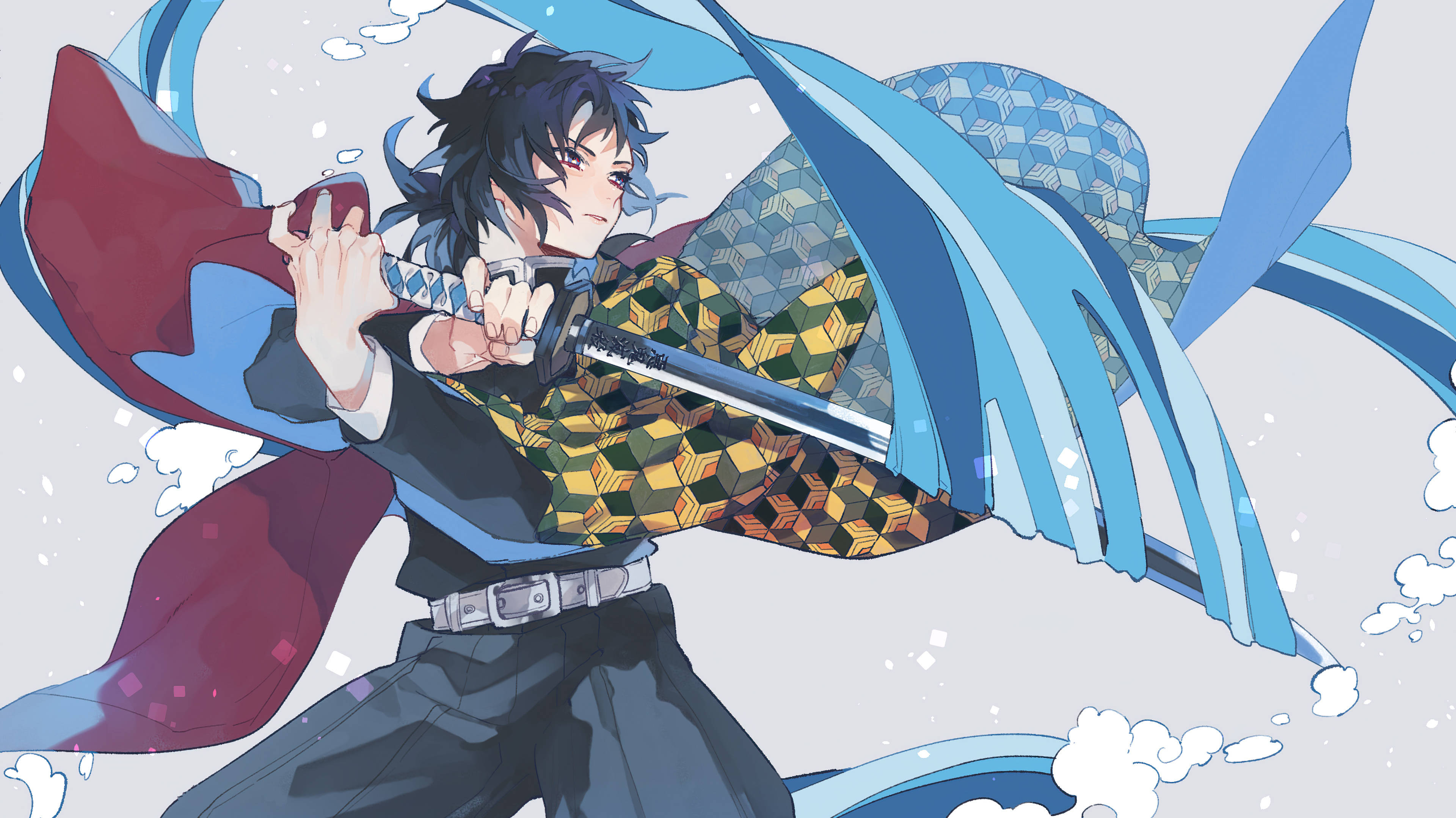 Giyu Tomioka, checkered kimono, blue energy waves, 4K Desktop Wallpaper