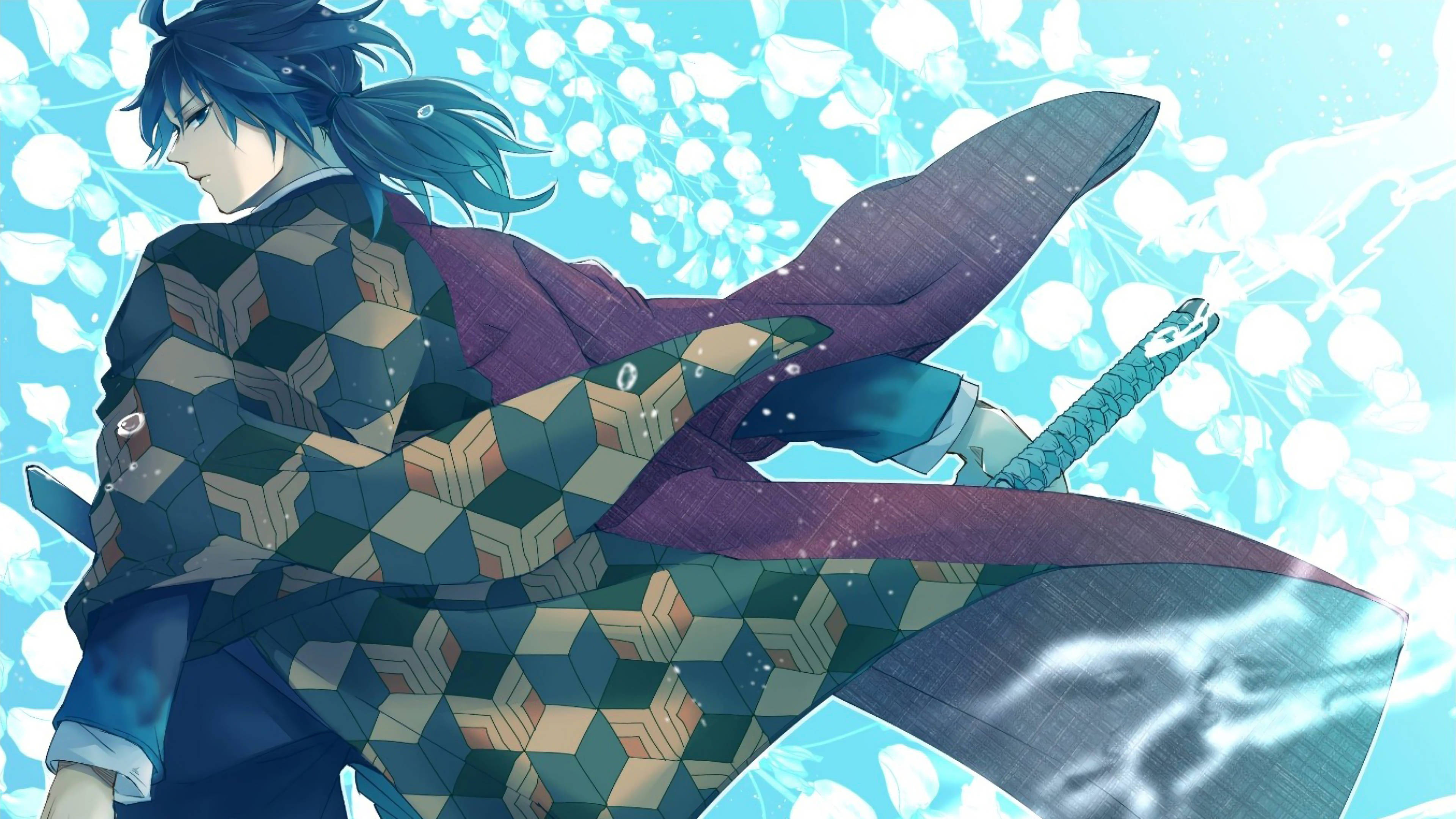 Giyu Tomioka, sakura petals, blue-haired anime warrior, 4K Desktop Wallpaper
