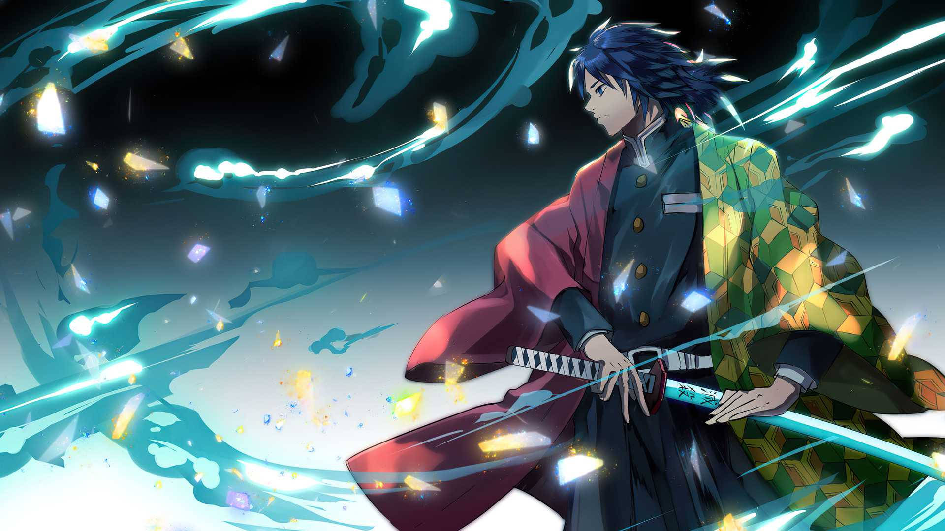 Giyu Tomioka, blue-haired, red and green kimono, Full HD Desktop Wallpaper