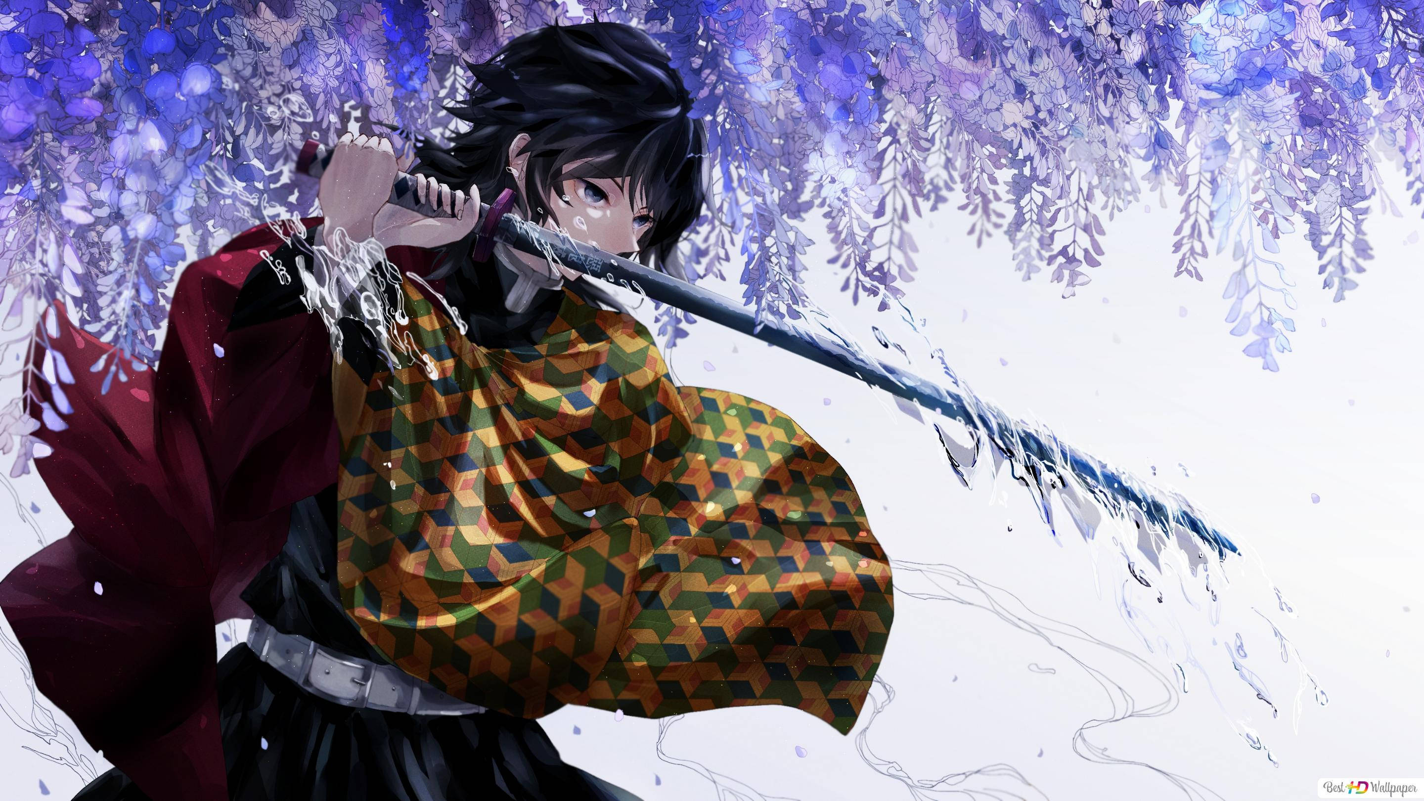 Giyu Tomioka, purple wisteria blossoms, glowing blade, 2K Desktop Wallpaper