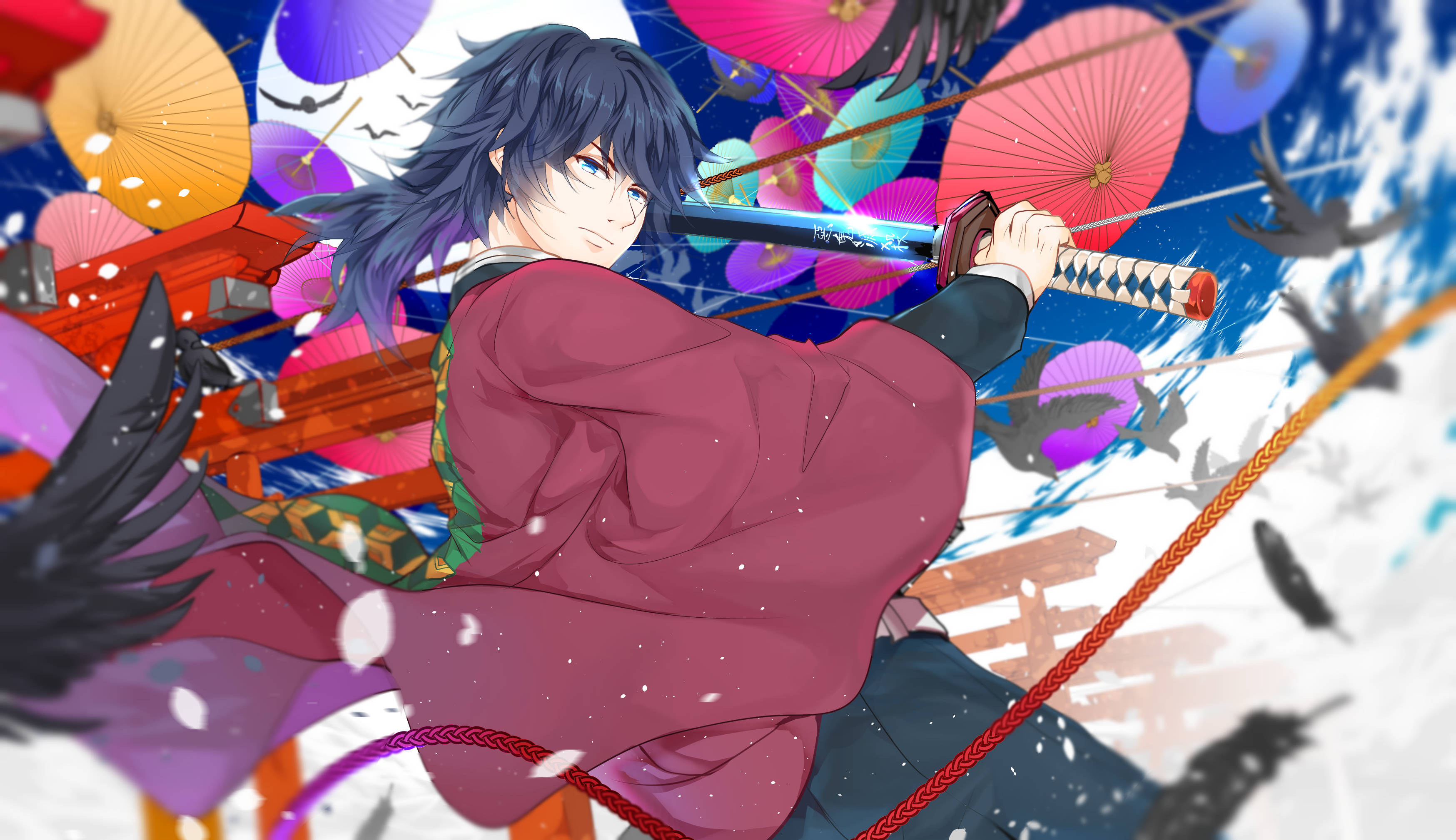 Giyu Tomioka, blue-haired anime warrior, red kimono, 2K Desktop Wallpaper