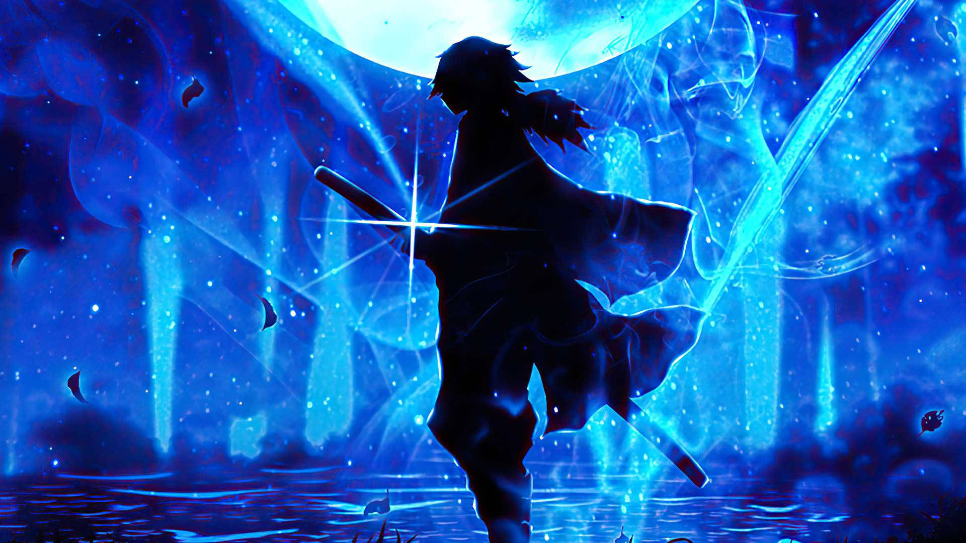 Giyu Tomioka, sparkling blue, glowing blue moon, Full HD Desktop Wallpaper