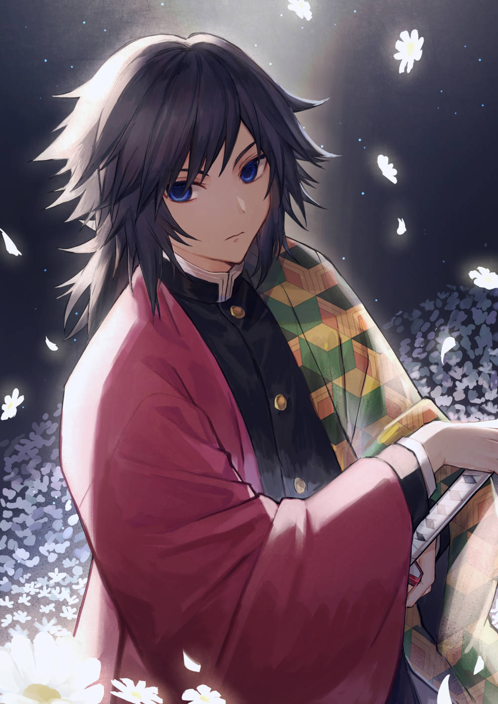 Giyu Tomioka, starry night sky, falling white flowers, HD Phone Wallpaper