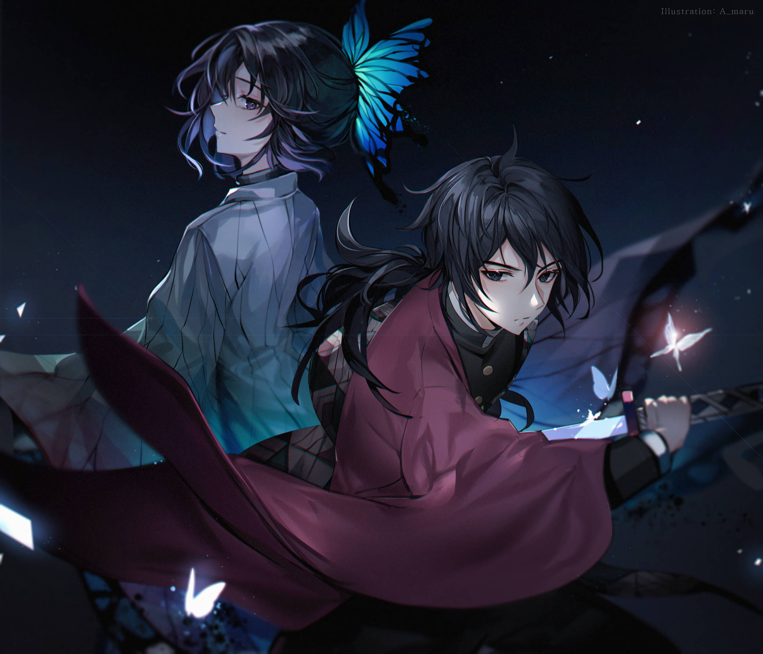 Giyu Tomioka, glowing butterfly, starry night sky, Full HD Desktop Wallpaper
