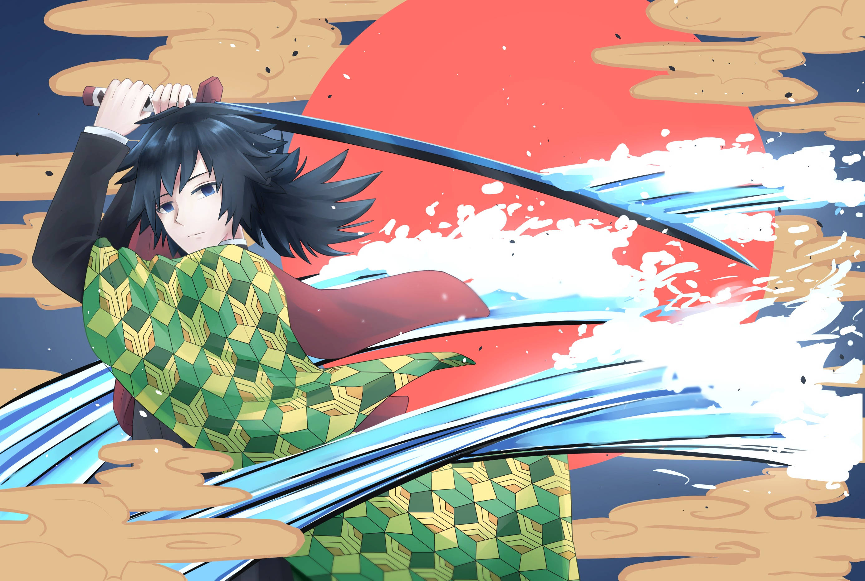 Giyu Tomioka, red sun, black hair, 2K Desktop Wallpaper