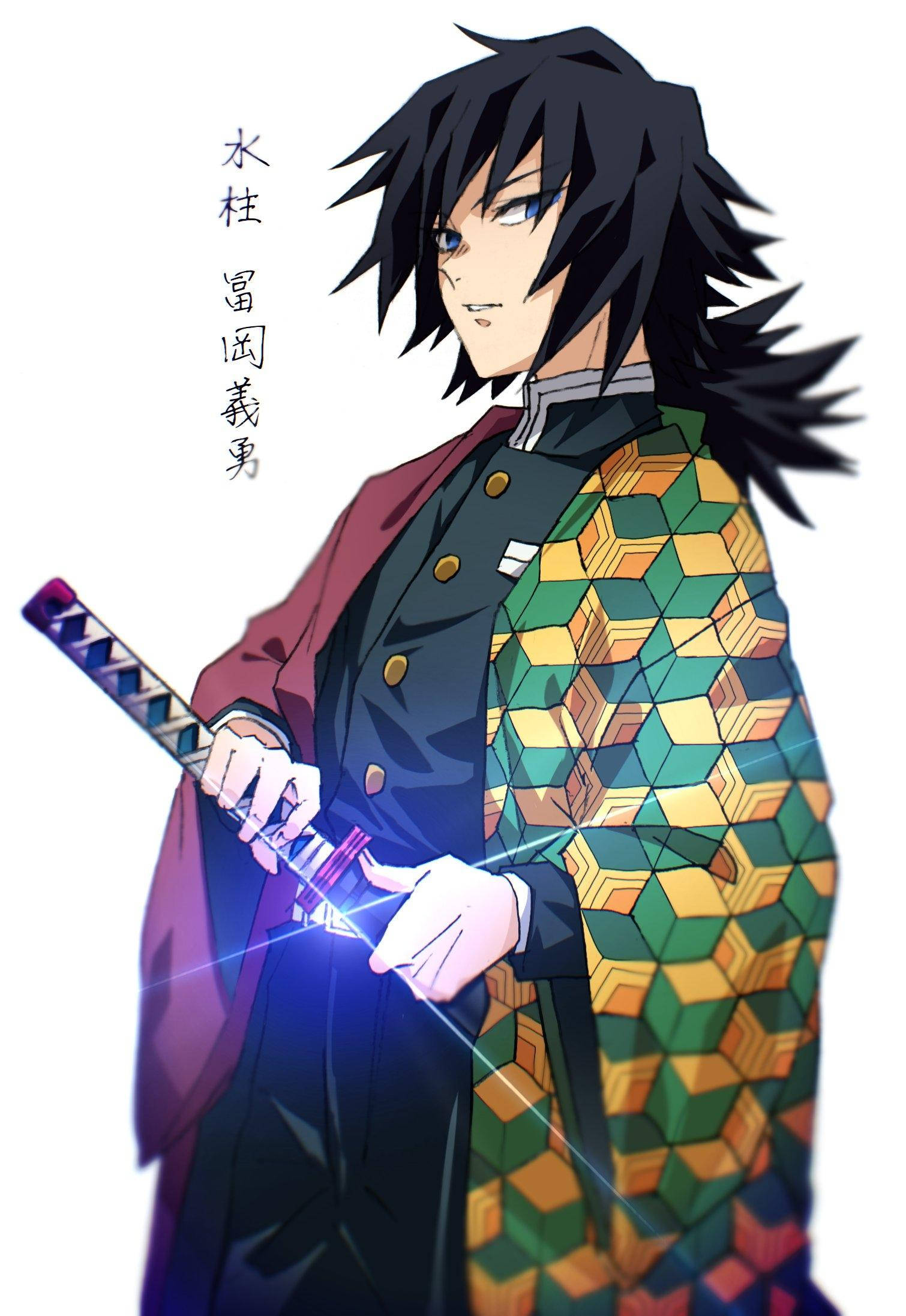 Giyuu Tomioka, glowing sword, colorful geometric haori, Full HD Phone Wallpaper