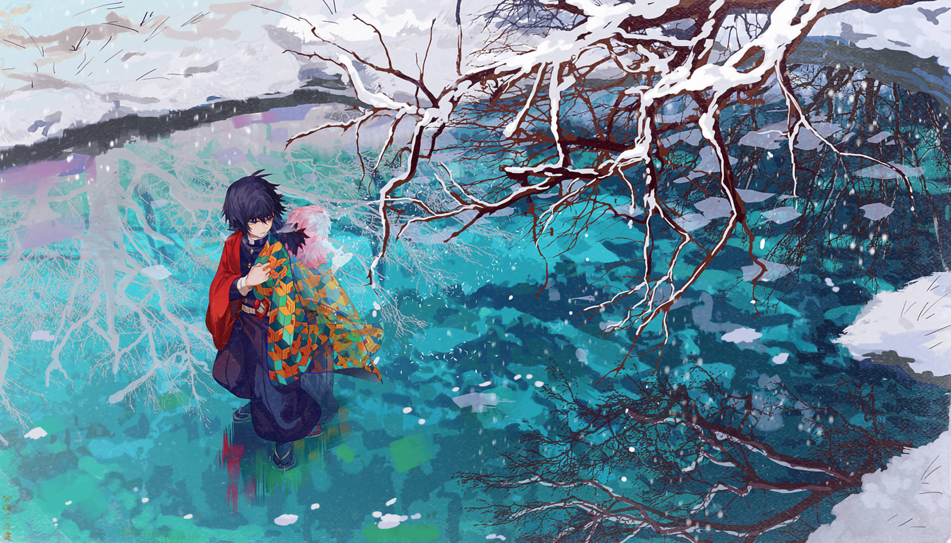 Giyuu Tomioka, red kimono, frozen lake, Full HD Desktop Wallpaper