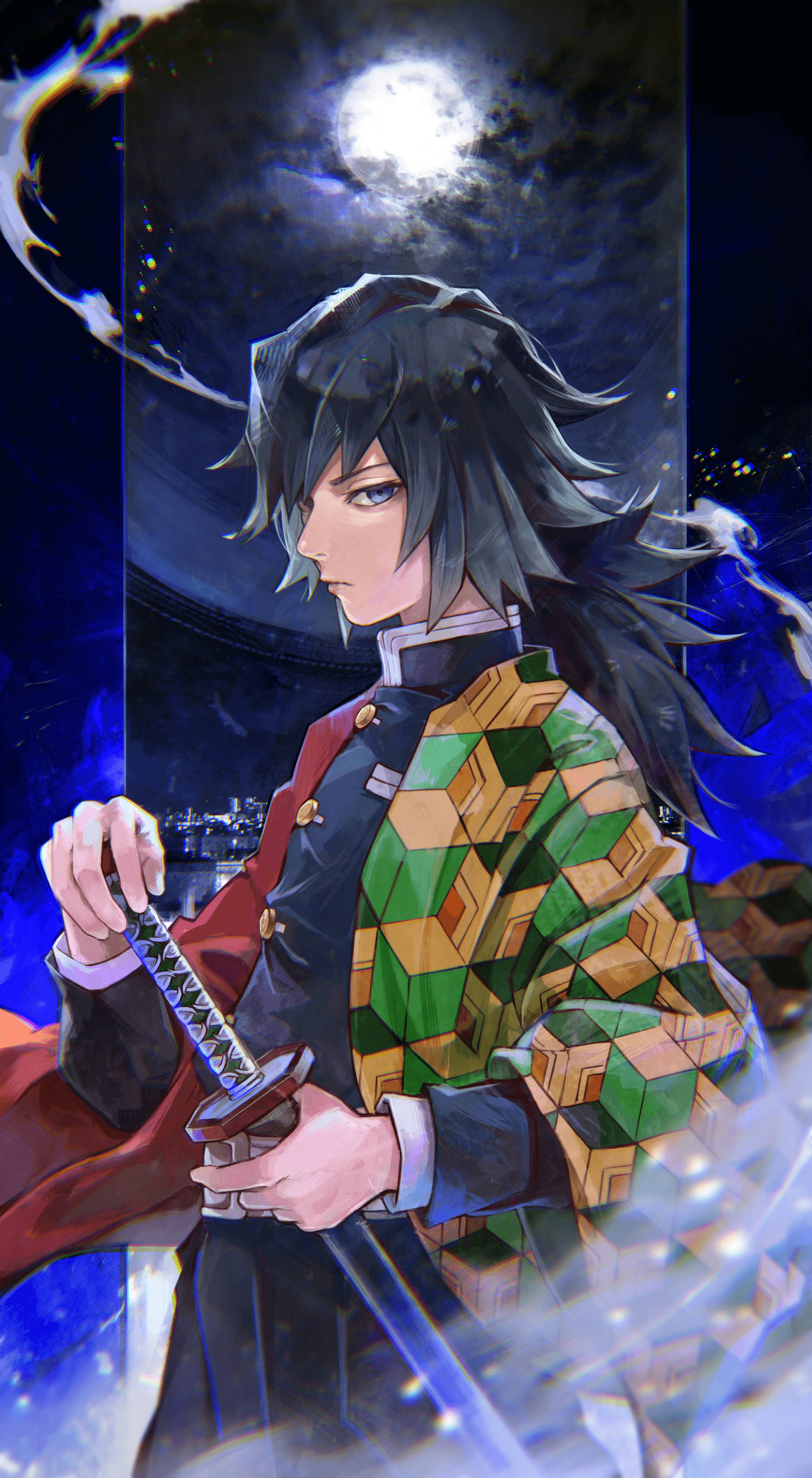 Giyuu Tomioka, full moon, green and gold patterned kimono, 2K Phone Wallpaper