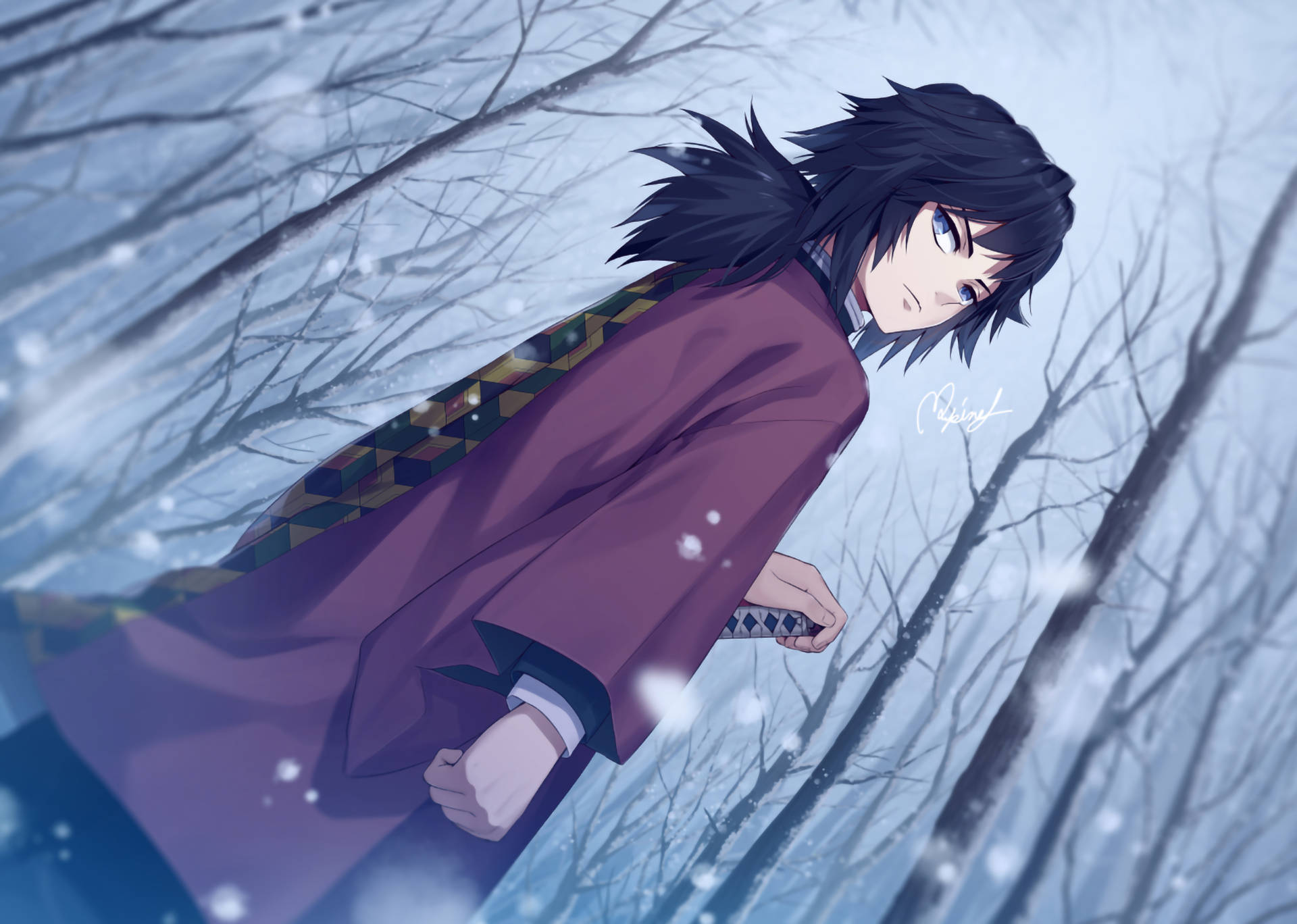 Giyuu Tomioka, maroon coat, snowfall, Full HD Desktop Wallpaper