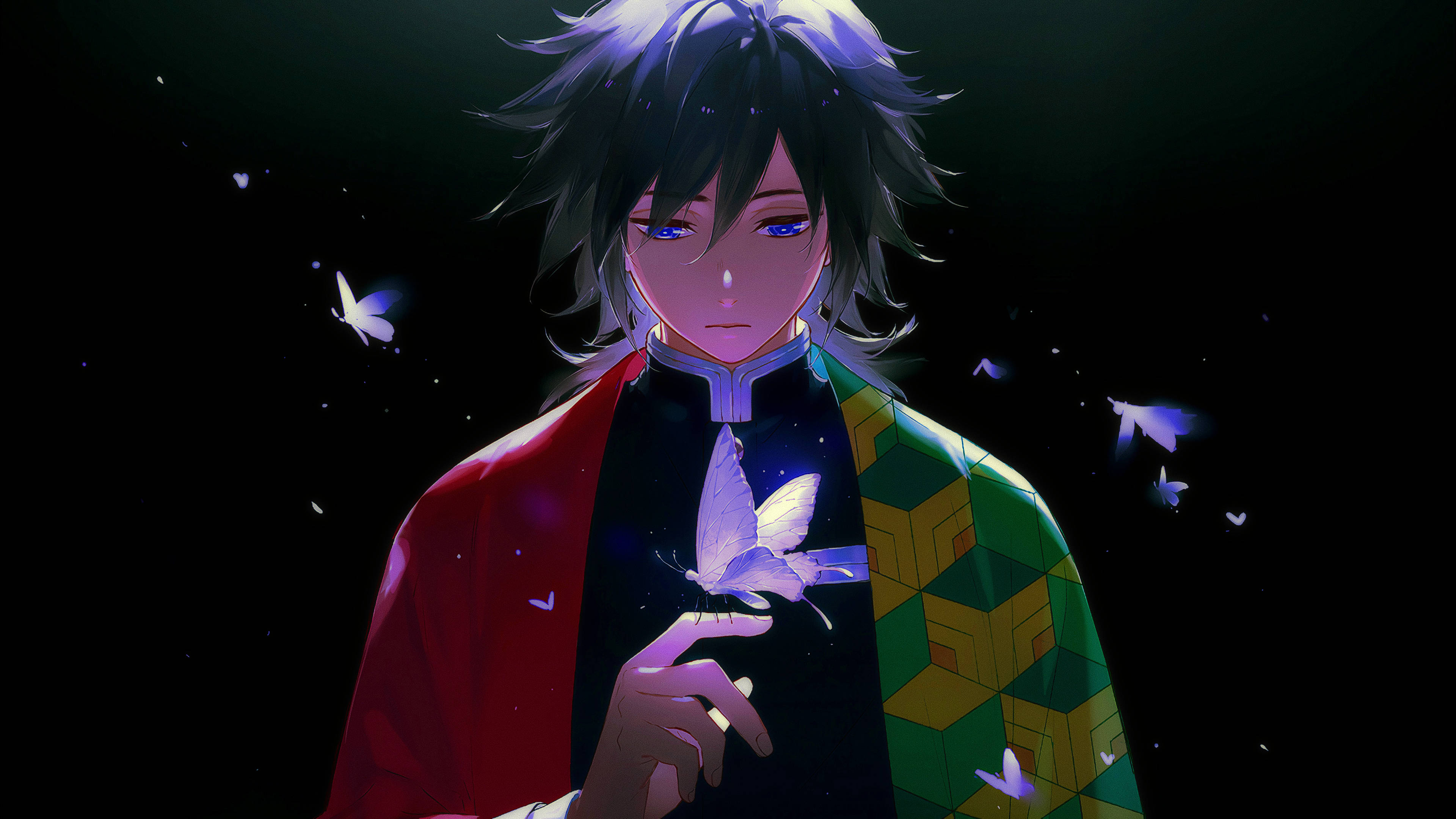Giyuu Tomioka, glowing white butterfly, black background, 4K Desktop Wallpaper