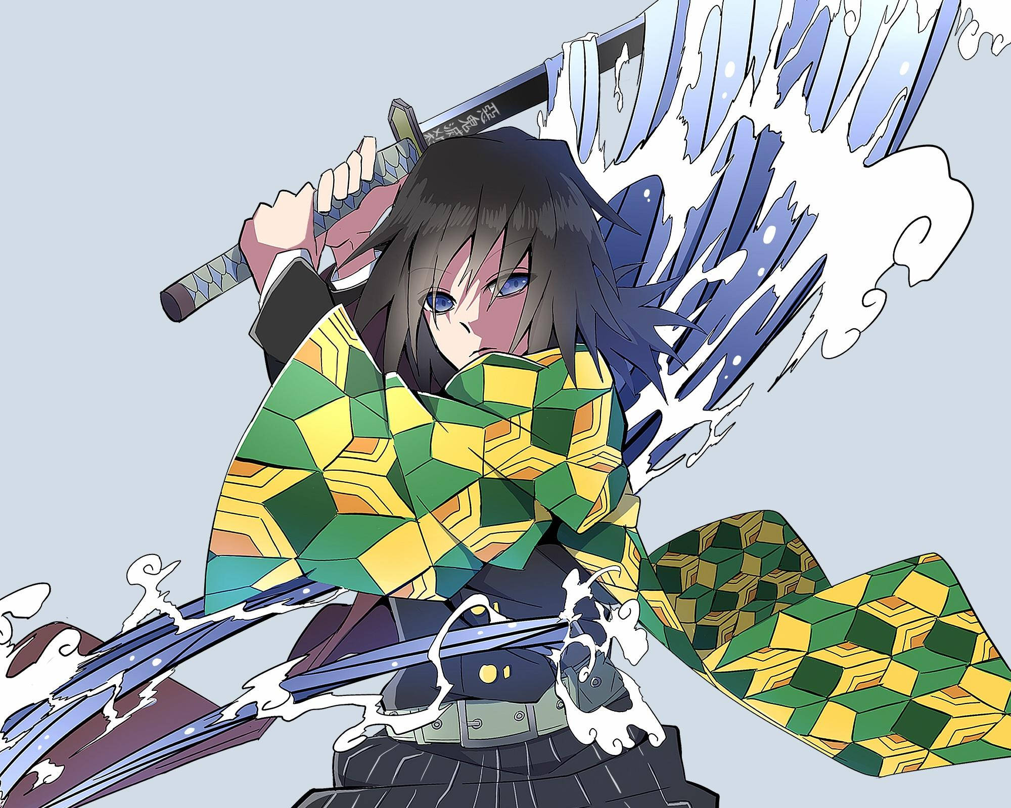 Giyuu Tomioka, blue eyes, green yellow checkered kimono, Full HD Desktop Wallpaper
