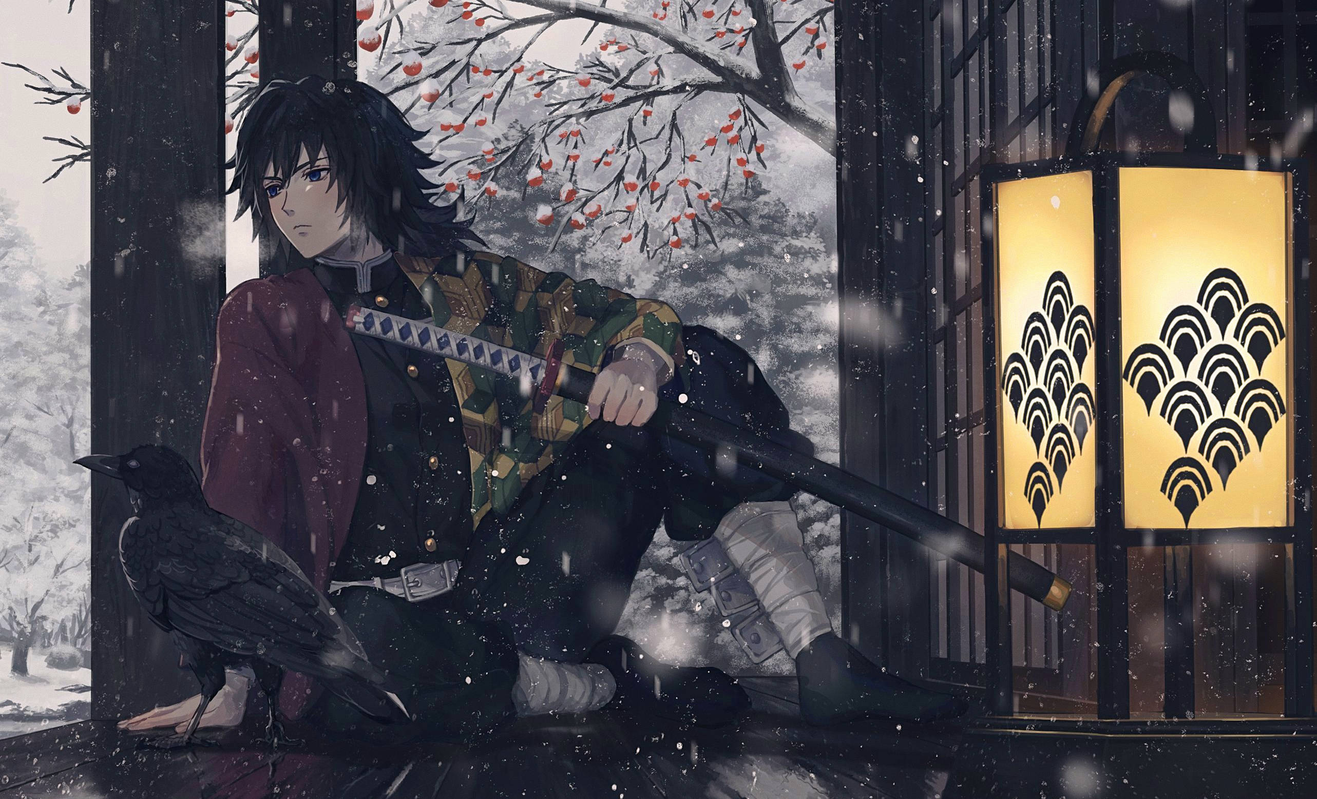 Giyuu Tomioka, samurai warrior, snowy window, 2K Desktop Wallpaper