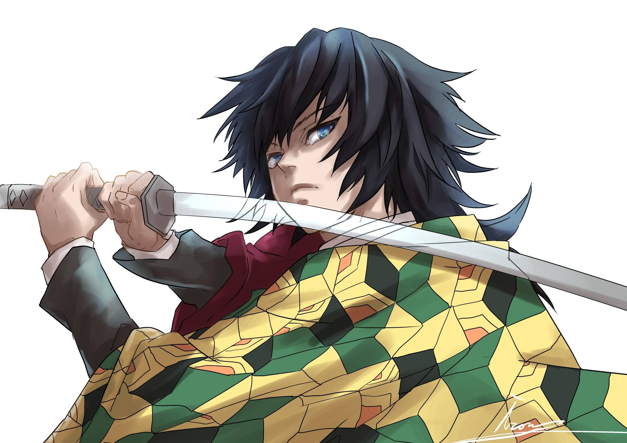 Giyuu Tomioka, sword, green yellow and black patterned haori, Full HD Desktop Wallpaper
