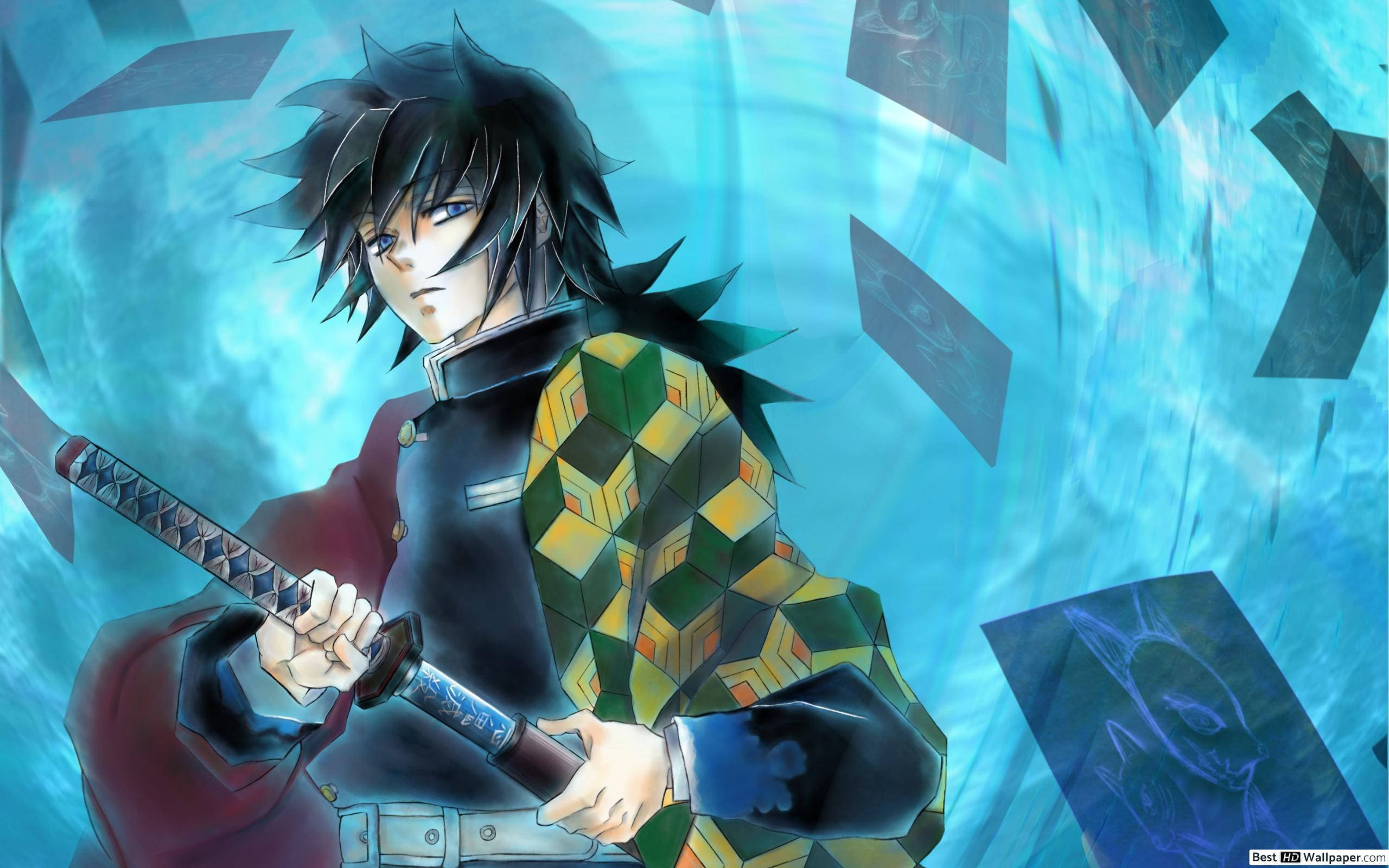 Giyuu Tomioka, spiky black hair, sword, 2K Desktop Wallpaper