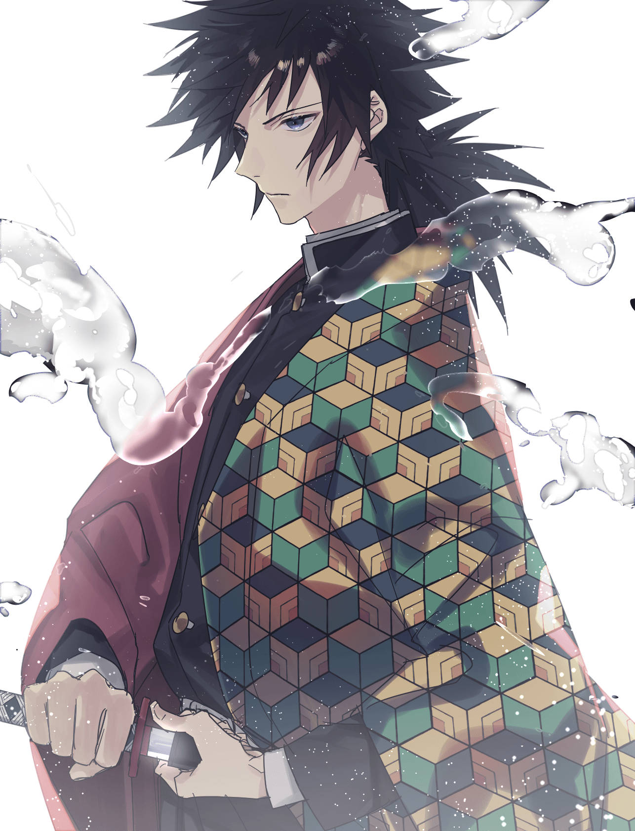 Giyuu Tomioka, spiky black hair, geometric patterned kimono, HD Phone Wallpaper