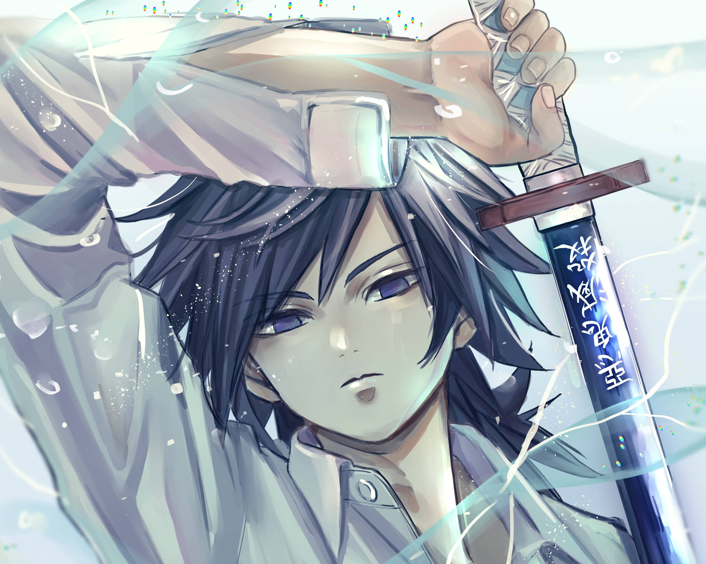 Giyuu Tomioka, signature sword, evening backdrop, 2K Desktop Wallpaper