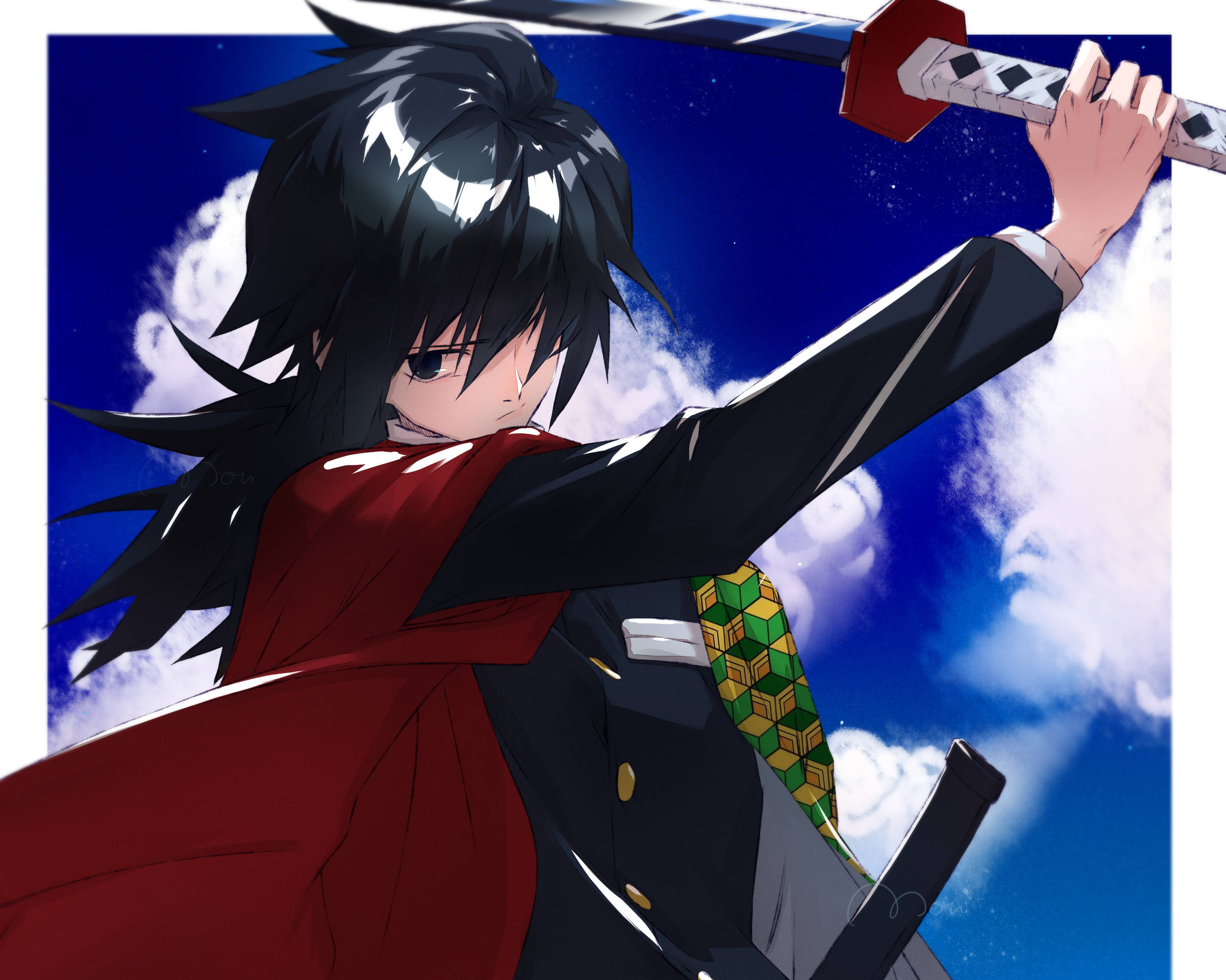 Giyuu Tomioka, red cape, green tie, Full HD Desktop Wallpaper