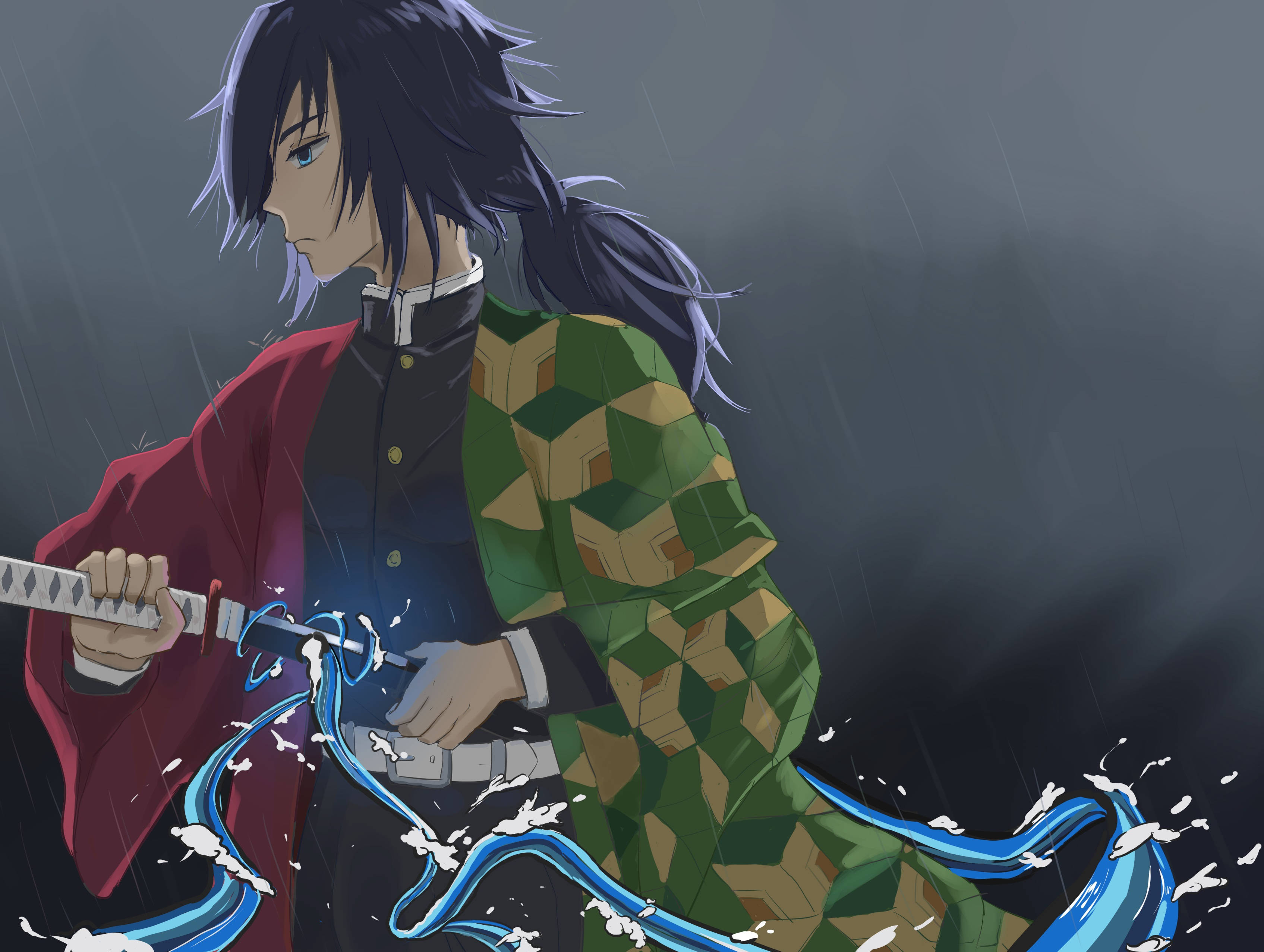 Giyuu Tomioka, dark hair, green patterned kimono, 2K Desktop Wallpaper