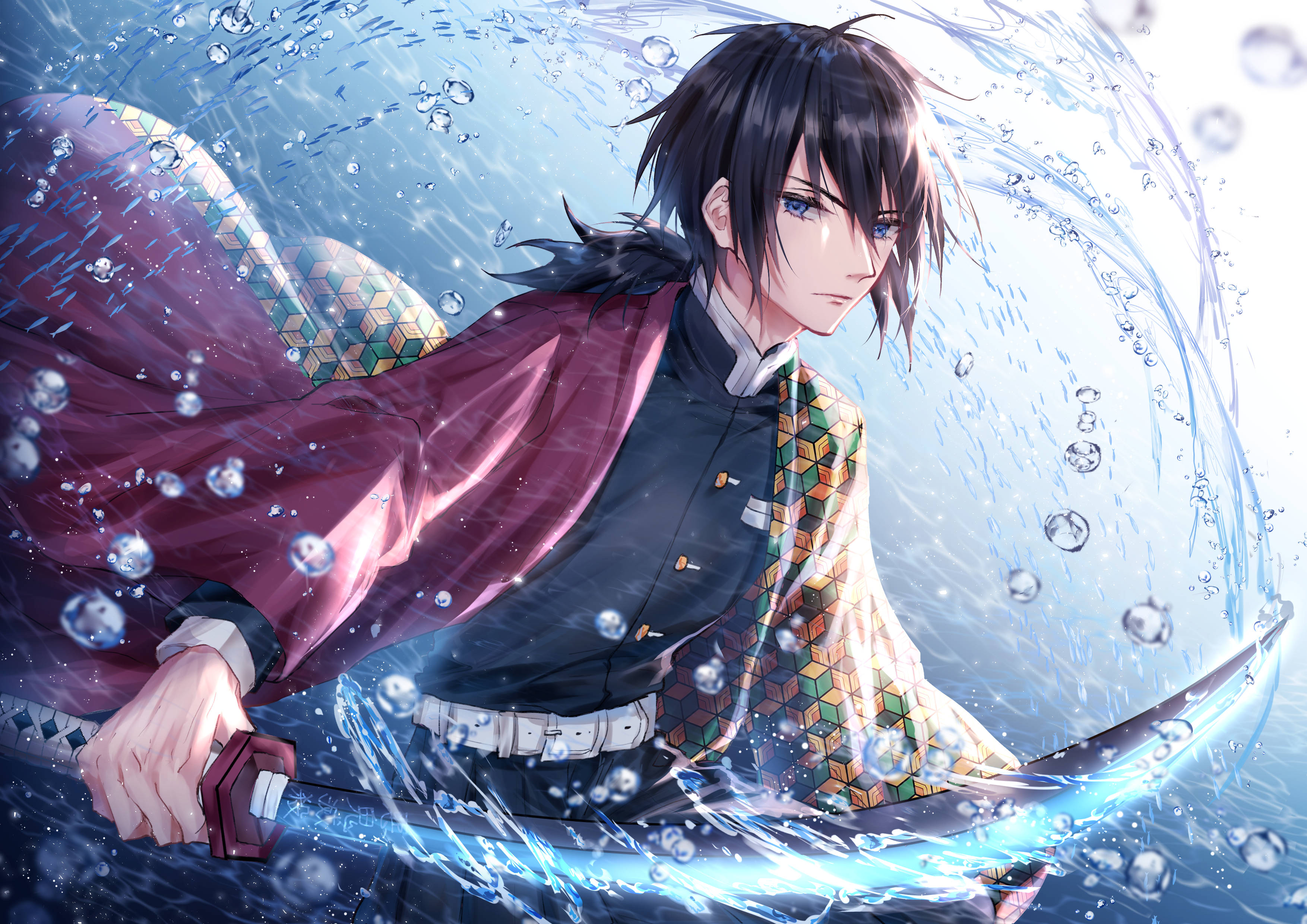 Giyuu Tomioka, underwater, dark-haired anime warrior, 2K Desktop Wallpaper
