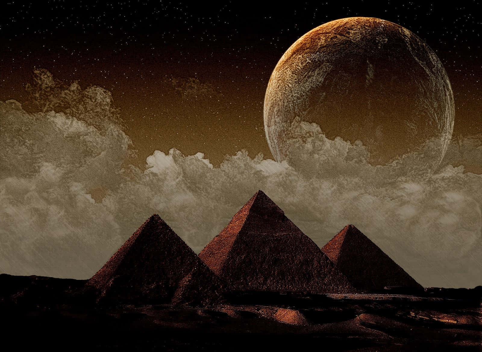 Giza Pyramids, massive glowing planet, starry alien sky, HD Desktop Wallpaper