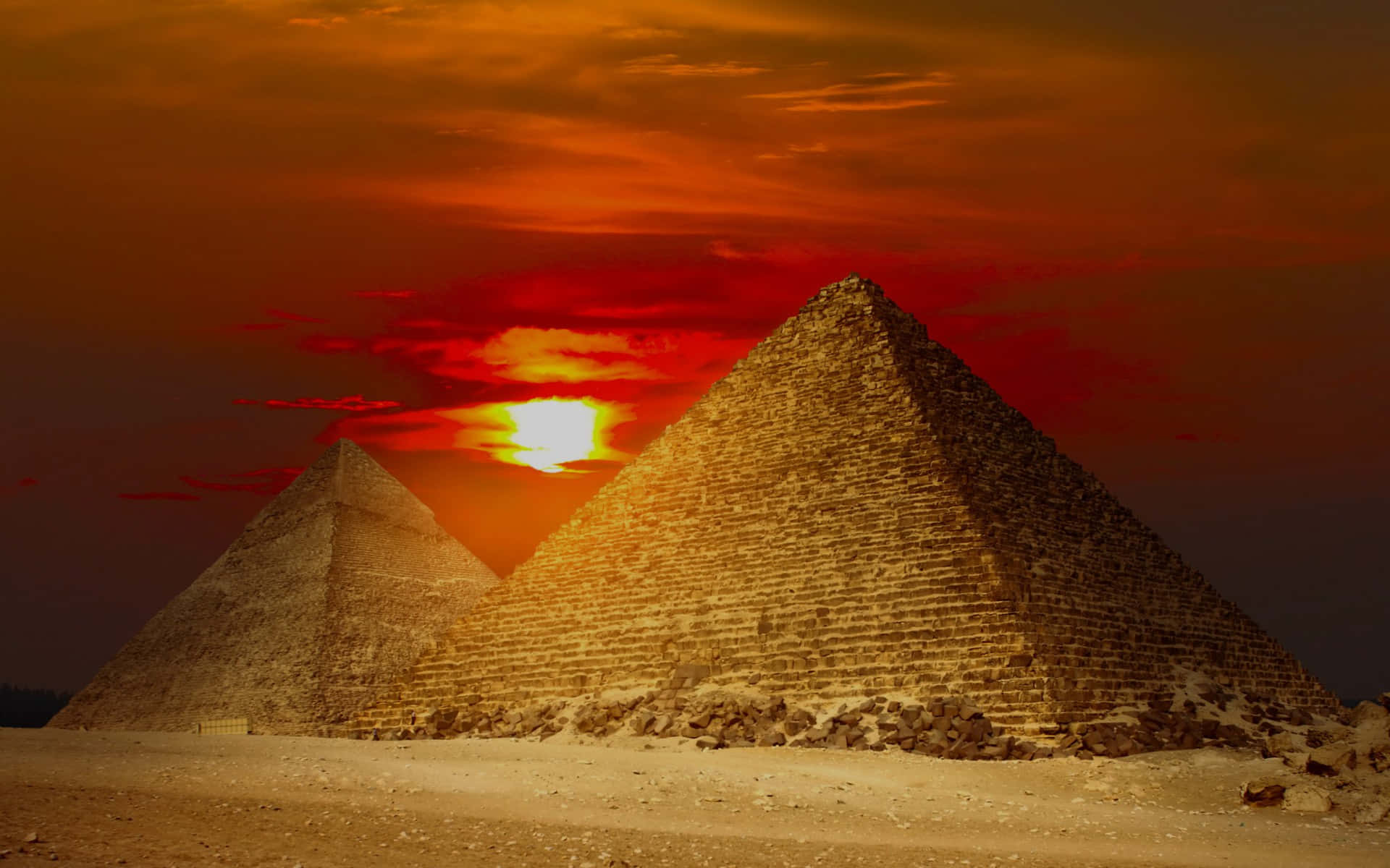 Giza Pyramids, fiery sunset, glowing orange clouds, Full HD Desktop Wallpaper