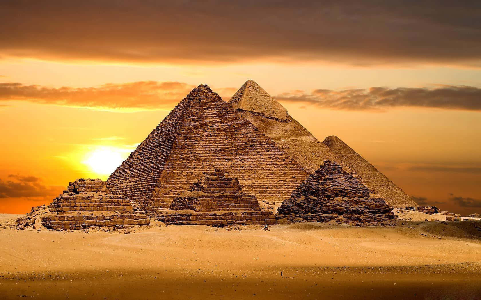 Giza Pyramids, golden desert sands, fiery sunset sky, HD Desktop Wallpaper