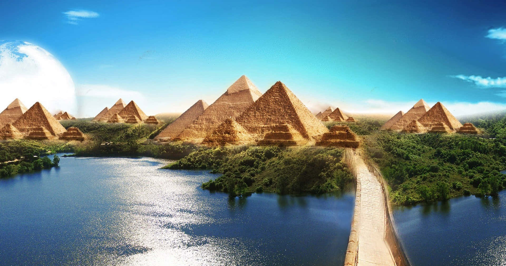 Giza Pyramids, lush green hills, shimmering blue lake, Full HD Desktop Wallpaper