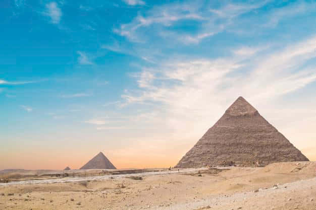 Giza Pyramids, golden desert sands, vast blue sky, SD Desktop Wallpaper